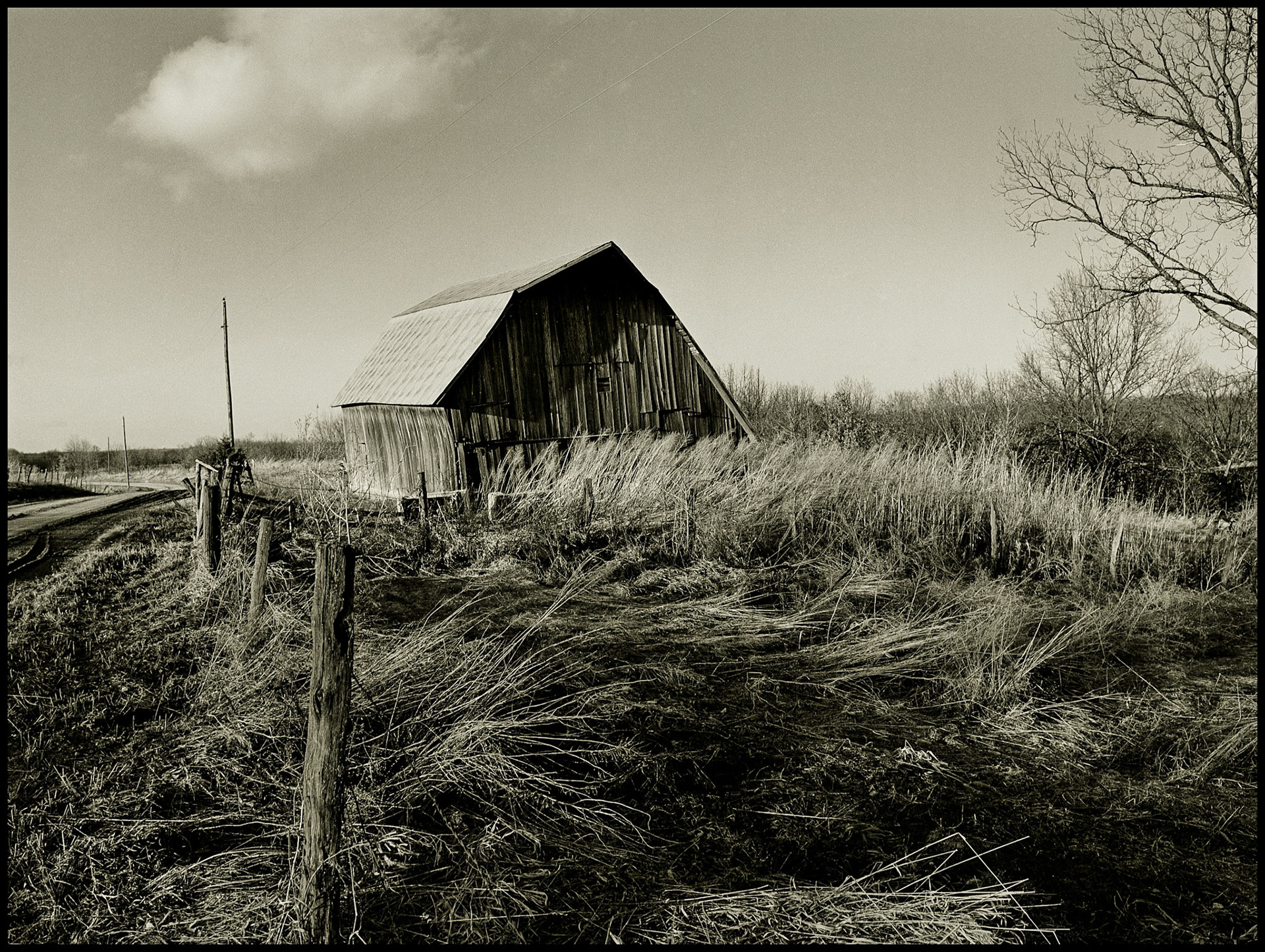 A sepia toned black and white landscape of a barn surrounded by windswept tall grass making interesting shapes. Near Youngstown, Missouri USA, 1979.