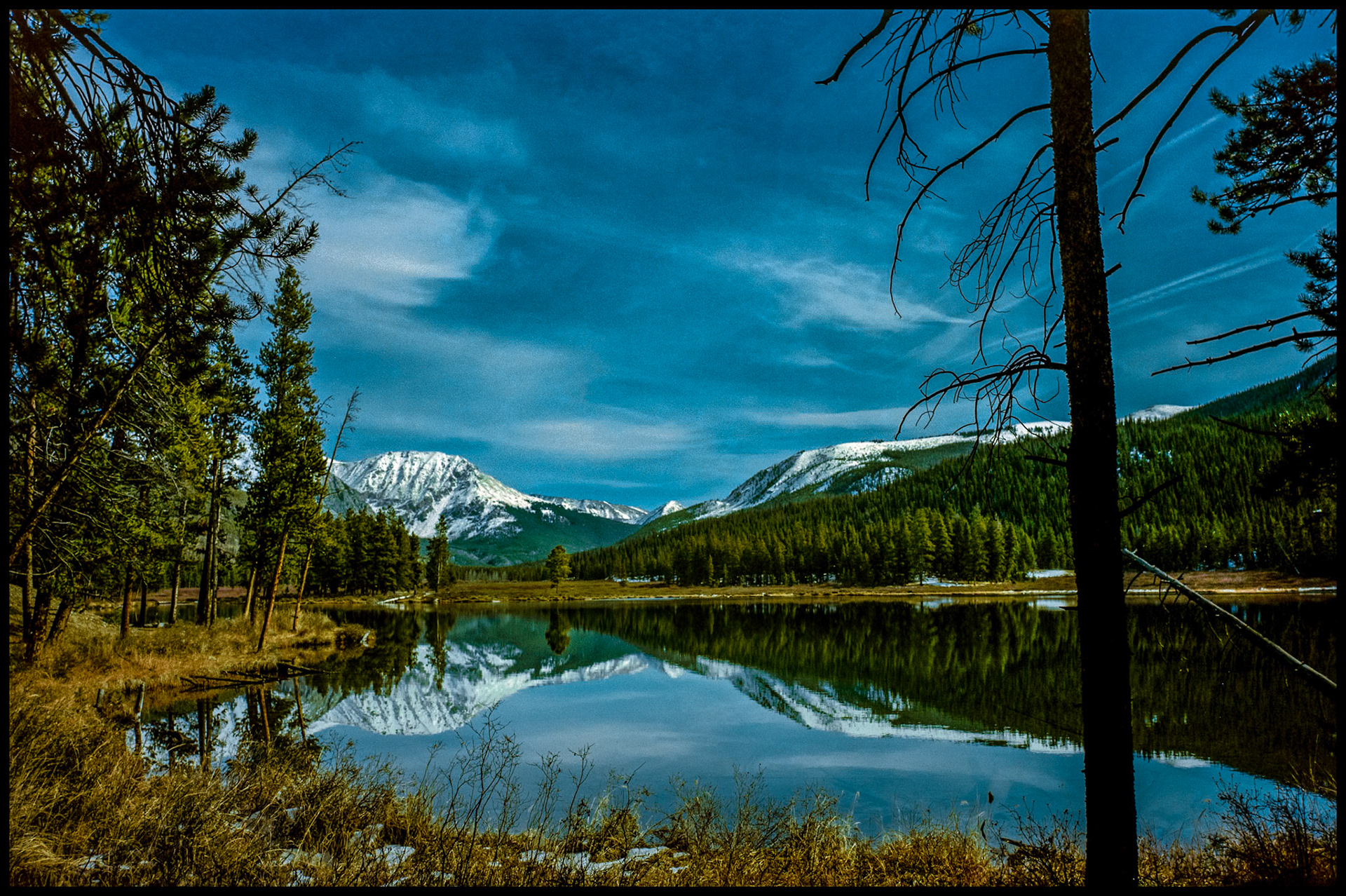 A view of the snowcapped Collegiate Peaks area in the Sawatch mountain range from the shore of one of the Texas Lakes in Taylor Park near Tincup, Colorado USA
