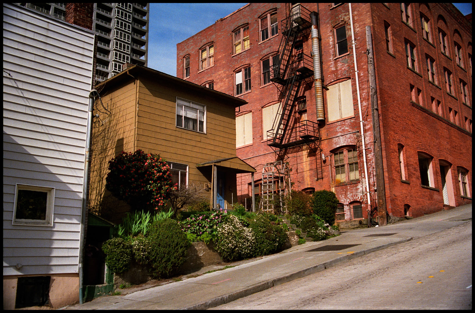 Seattle Washington street scene of a brown box shaped residential house (since torn down) behind a red commercial brick building on a steep hillside street. 83 Lenora St. Seattle, Washington 1987