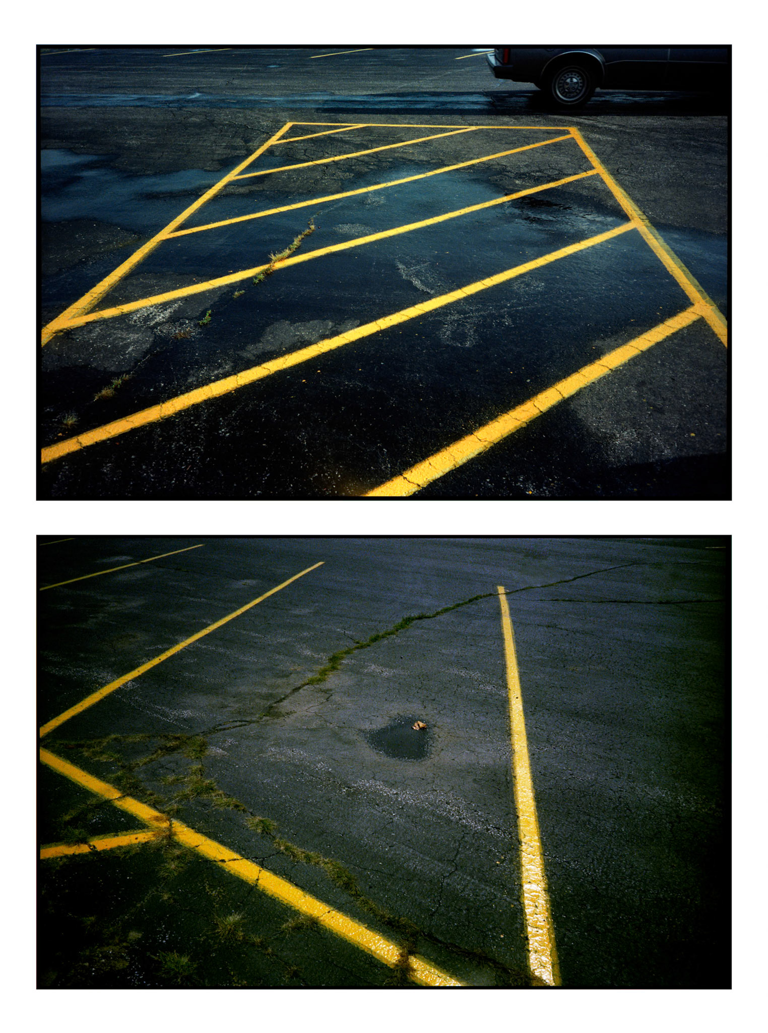 A diptych of two minimal abstract images of the yellow lines in a parking lot making an interesting design. Both in the individual images as well as the interaction of the two together. Centralia, Missouri, 1994.
