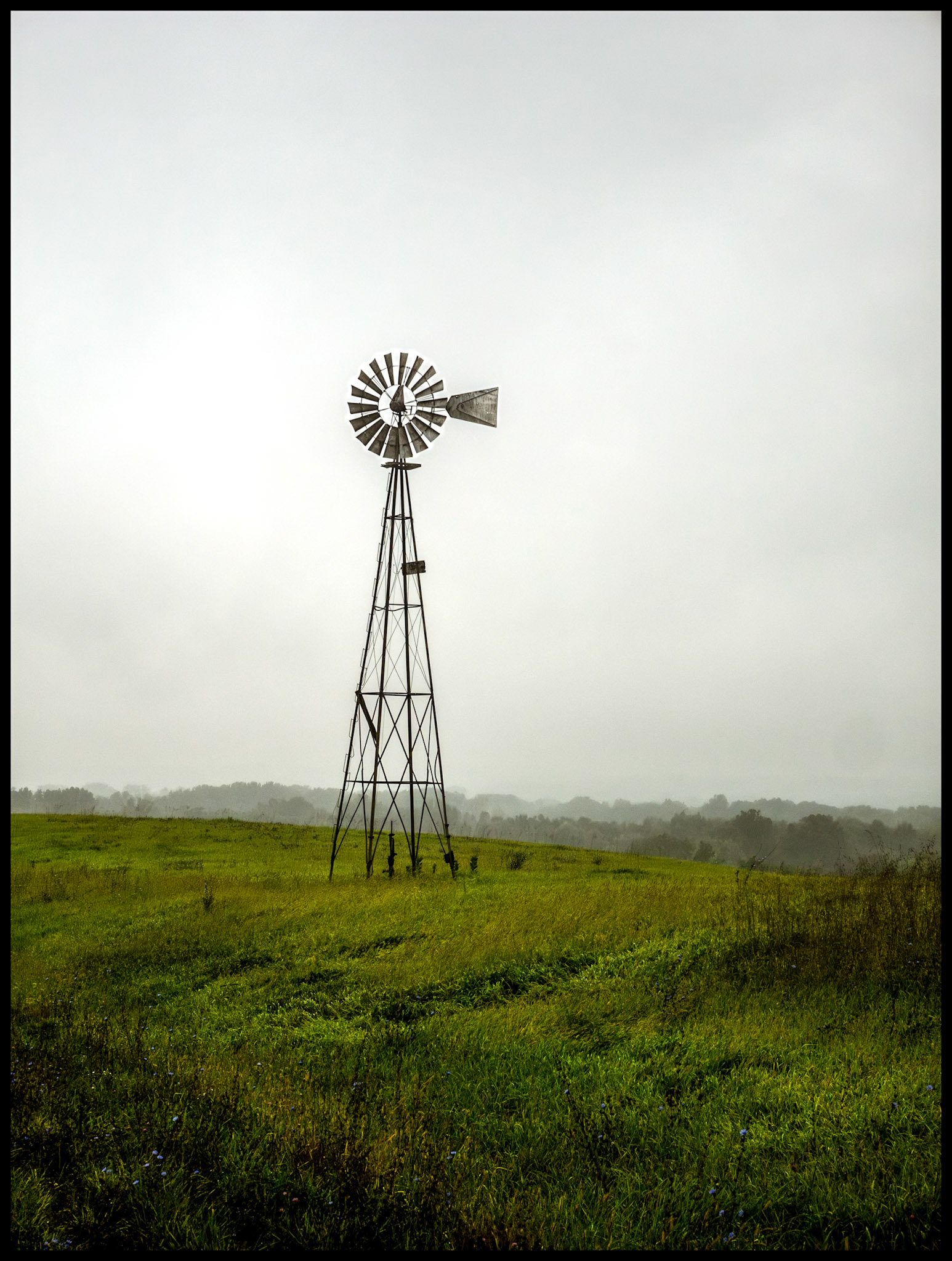A solitary windmill at the edge of a green field silhoutted against the overcast sky on a rainy and foggy September morning. Located on Indian Hill near South Gifford, Missouri, 2023.