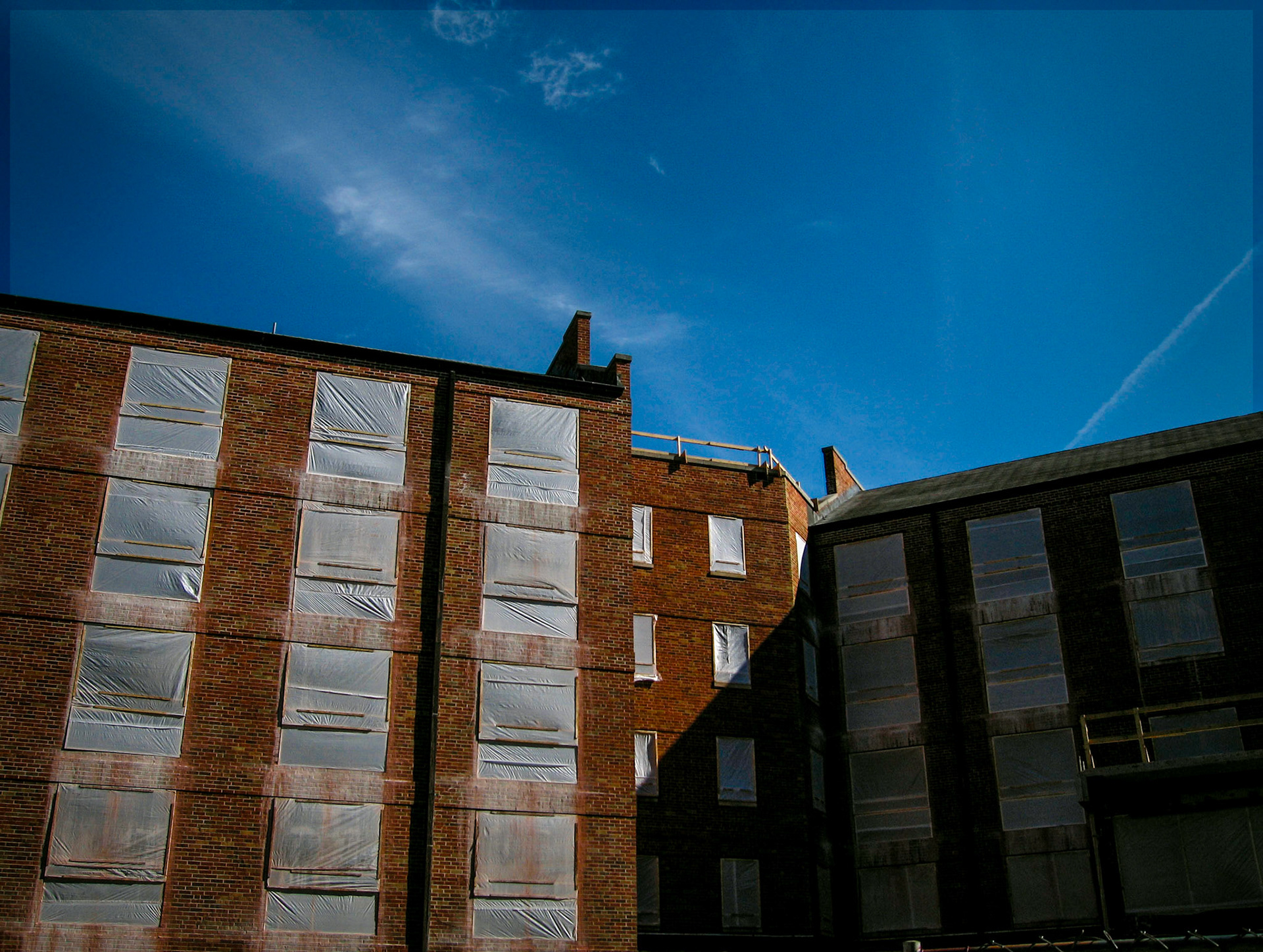 A minimal abstract view of Missouri Hall during remodeling on the Truman State University campus in Kirksville, Missouri. 2006