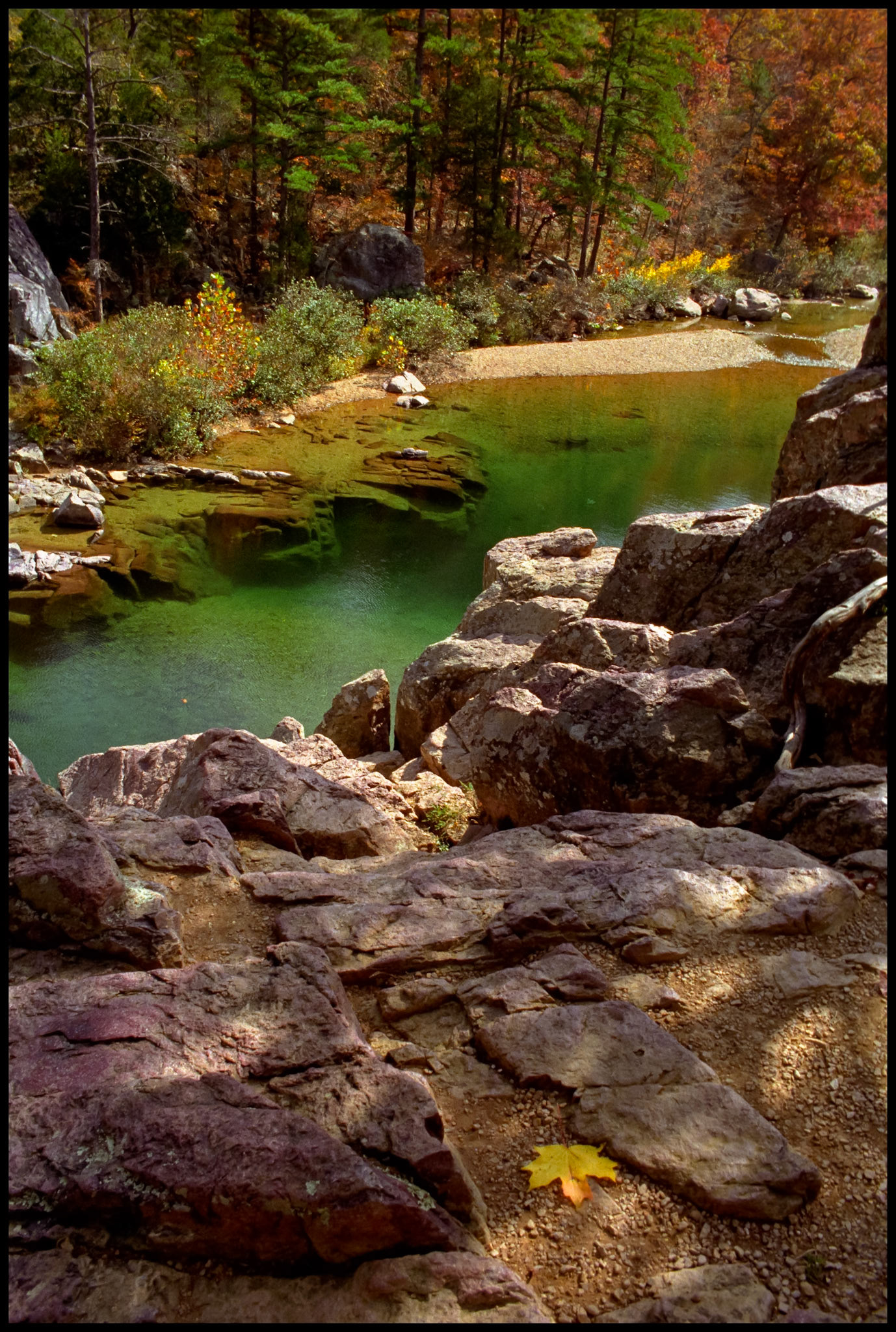 View from a red granite overlook above the East fork of the Black river at Johnson's Shut-Ins State Park before the 2005 flood that flooded the park when Taum Sak reservoir failed. Near Lesterville, Missouri USA, 1992.