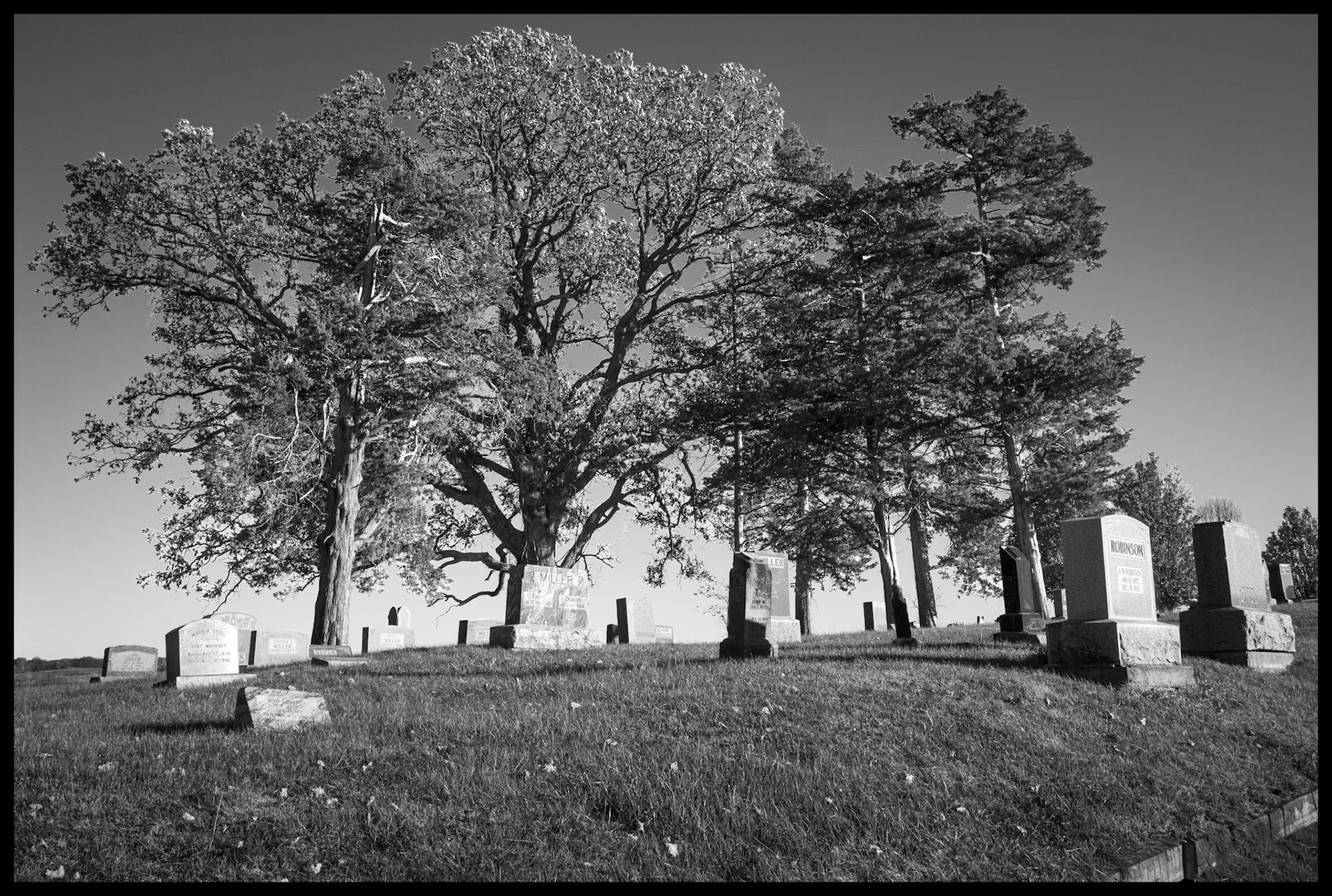 A black and white view of a portion of the rural Indian Hill Cemetery near South Gifford, Missouri, 2025