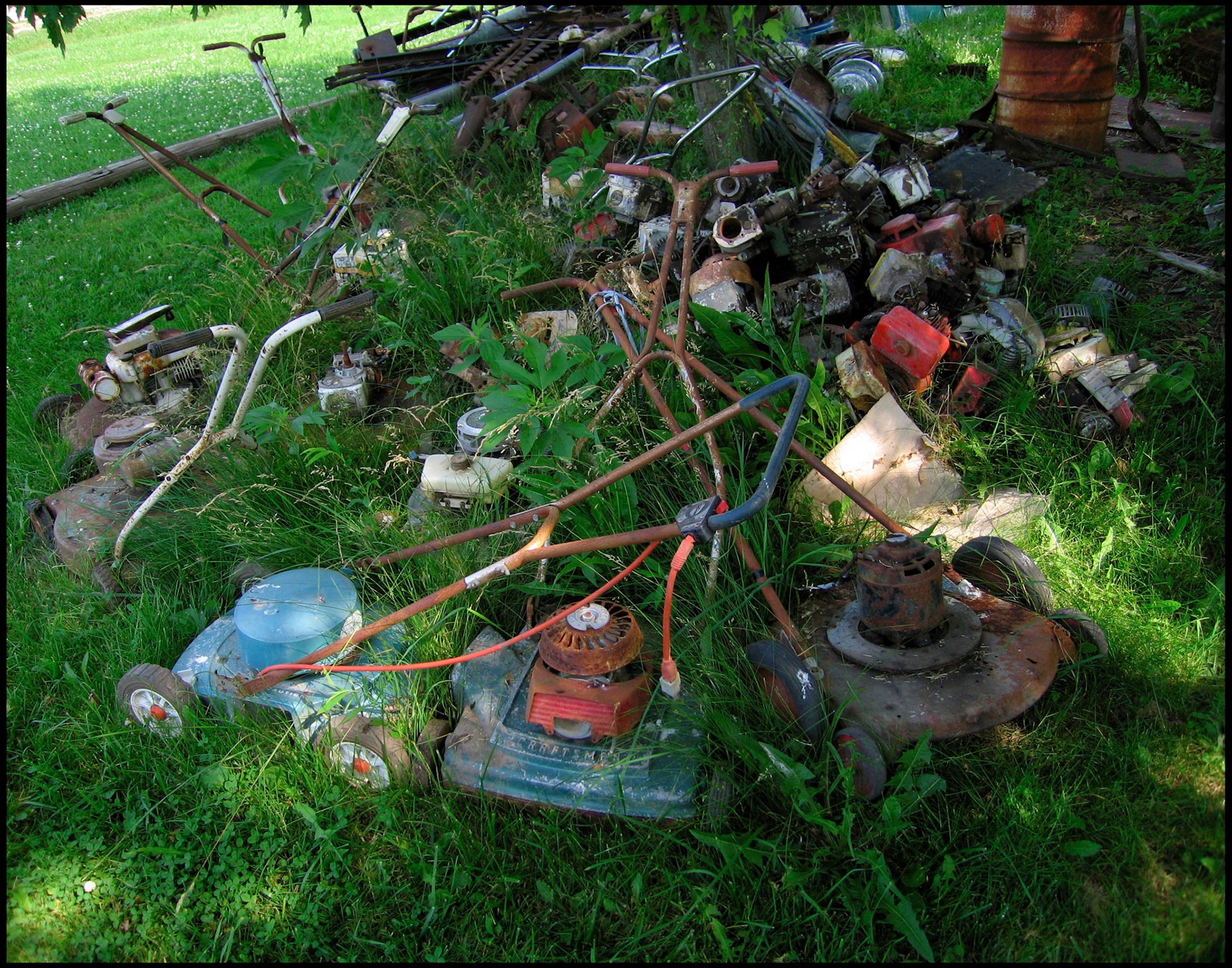 Colorful collection of junk lawnmowers and parts in overgrown green grass