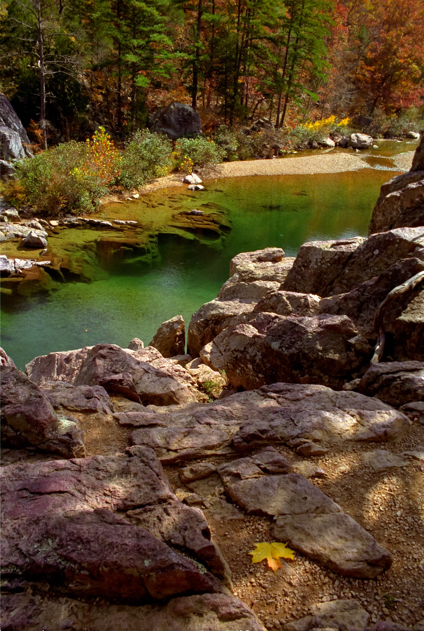 View from a red granite overlook above the East fork of the Black river at Johnson's Shut-Ins State Park before the 2005 flood that flooded the park when Taum Sak reservoir failed. Near Lesterville, Missouri USA, 1992.