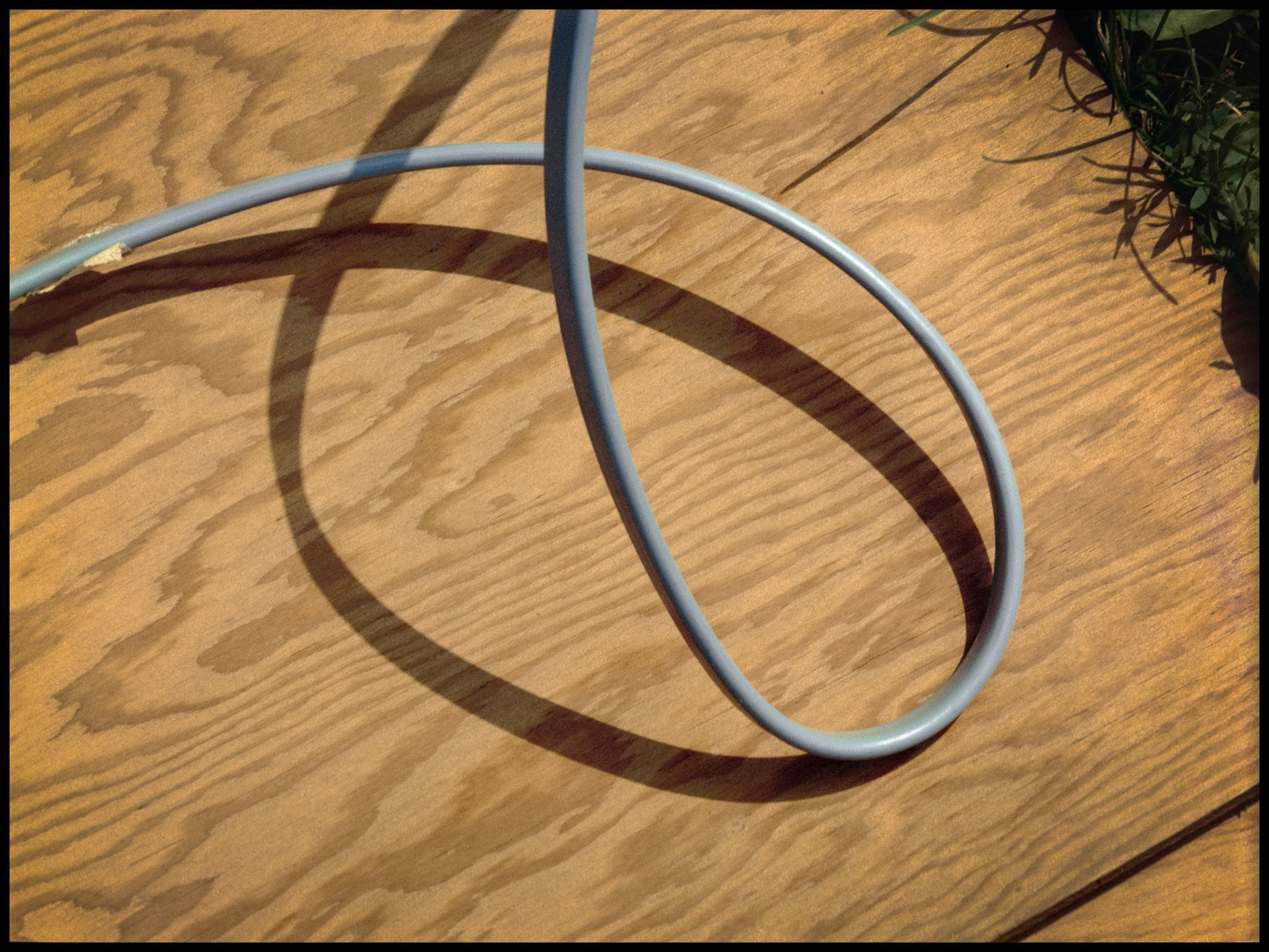 A loop of electrical wire on a sheet of plywood in the afternoon sun creating the focal point of the shadow on the plywood. 1981