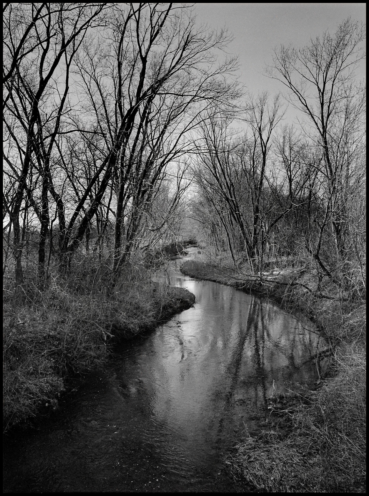 A black and white landscape of a small winding river during winter with one of the bare branched trees symmetrically reflected in the water. Near Youngstown, Missouri USA 1979.