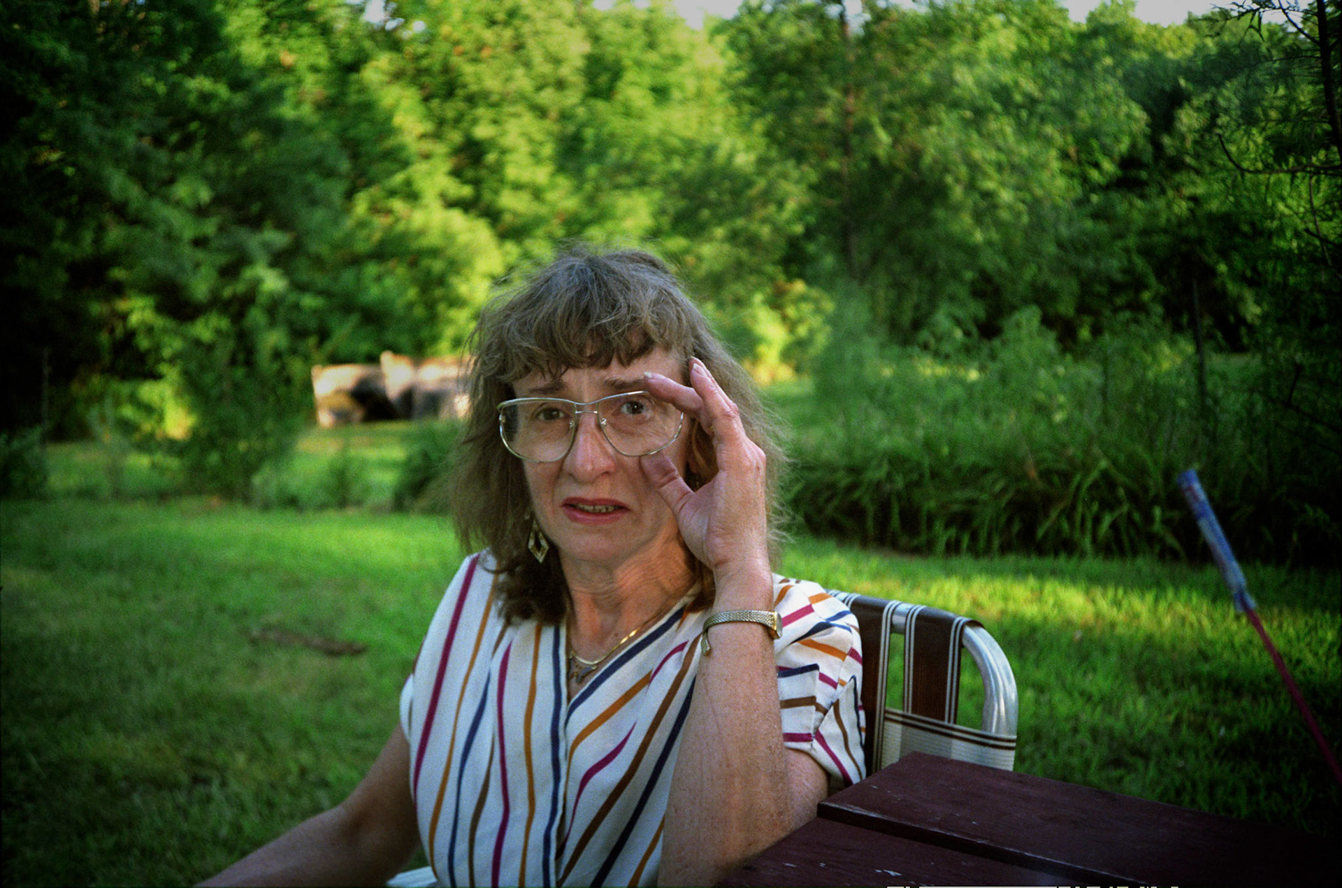 A middle aged woman grips her glasses as she stares intently at the camera and grimaces during a July 4th picnic. Near Kansas City, Missouri 1991