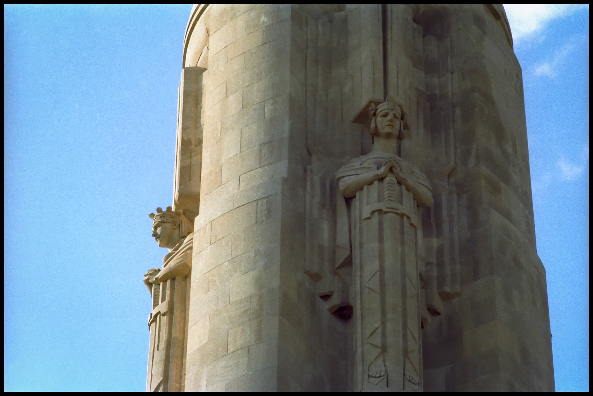 A vintage detail image of the sculptures on the the Liberty Memorial Tower at Liberty Memorial Park. This was renamed as The National World War 1 Museum and Memorial in 2004, Kansas City, Missouri 1983.