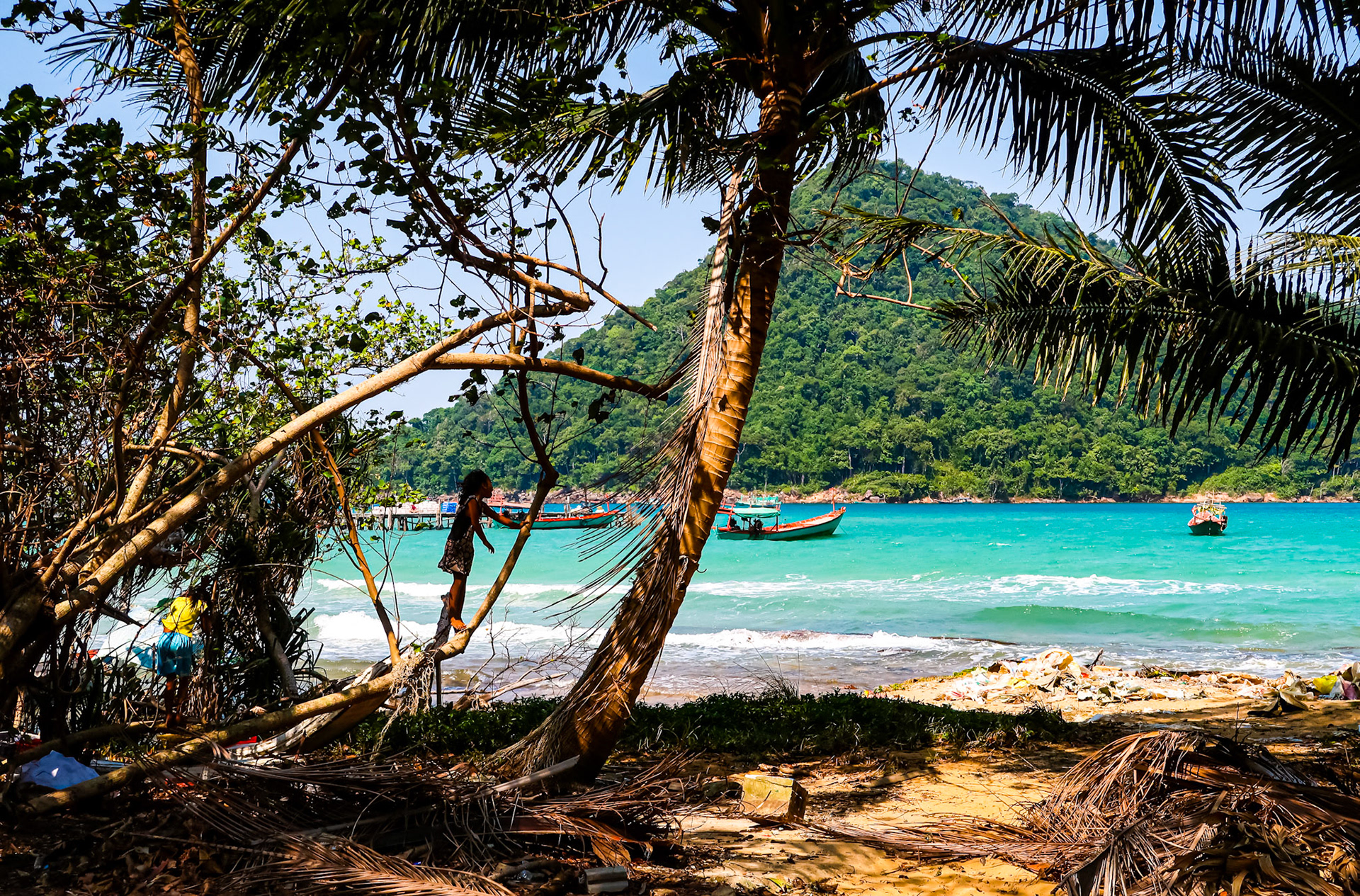 A girl climbs a tree overlooking the sea – Koh Rong Sanloem, Sihanoukville, Cambodia