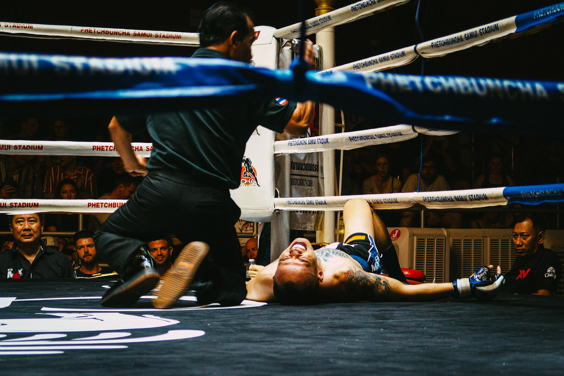 A fighter after being knocked down – Rajadamnern Muay Thai Stadium, Bangkok, Thailand