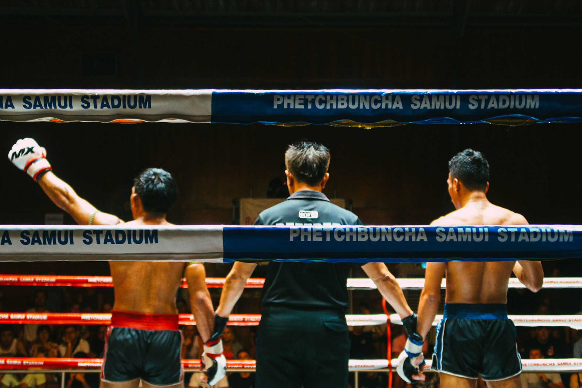A fighter celebrates a win – Rajadamnern Muay Thai Stadium, Bangkok, Thailand