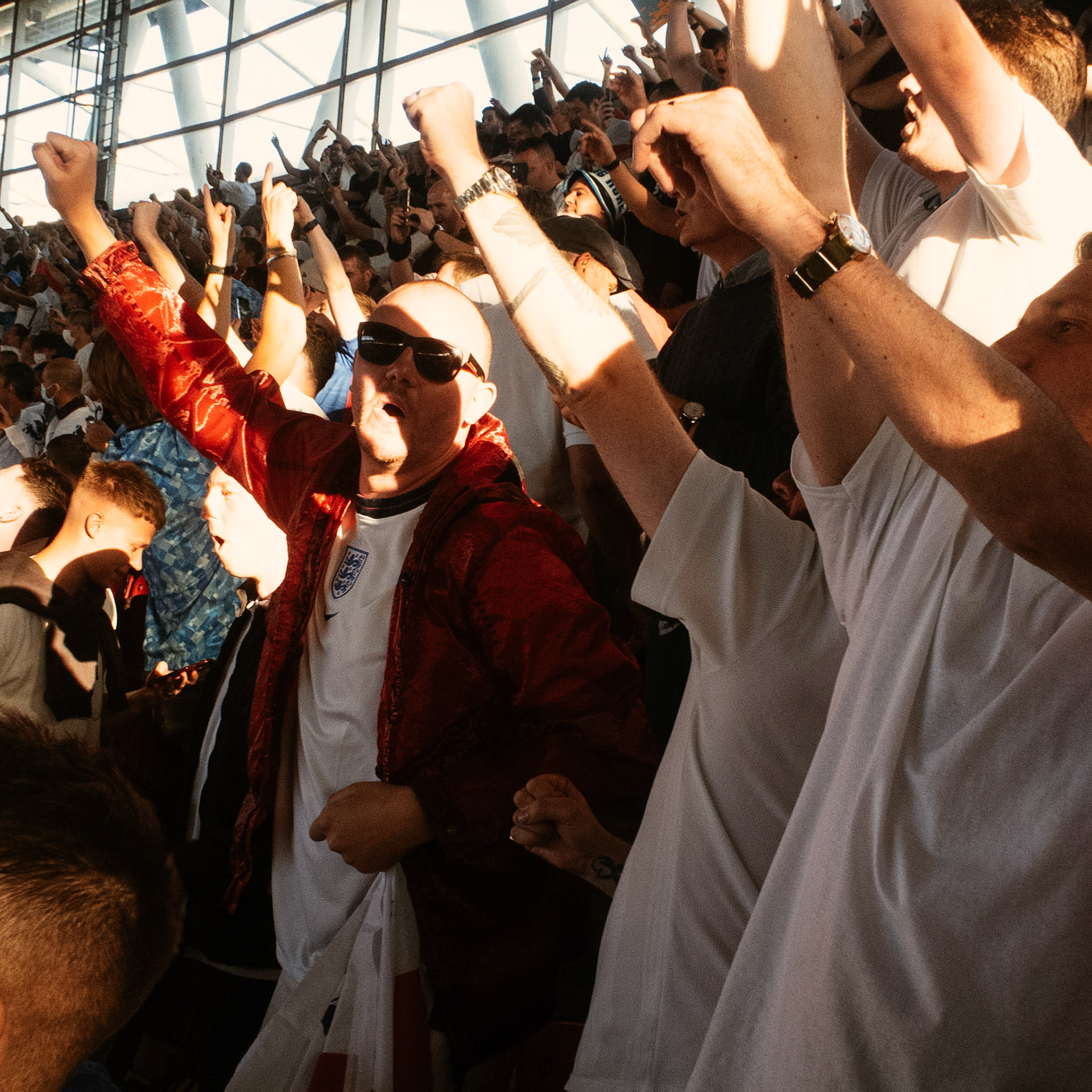 England fans sing during the national anthem – England vs Denmark – Euro 2020 – Wembley Stadium, London UK