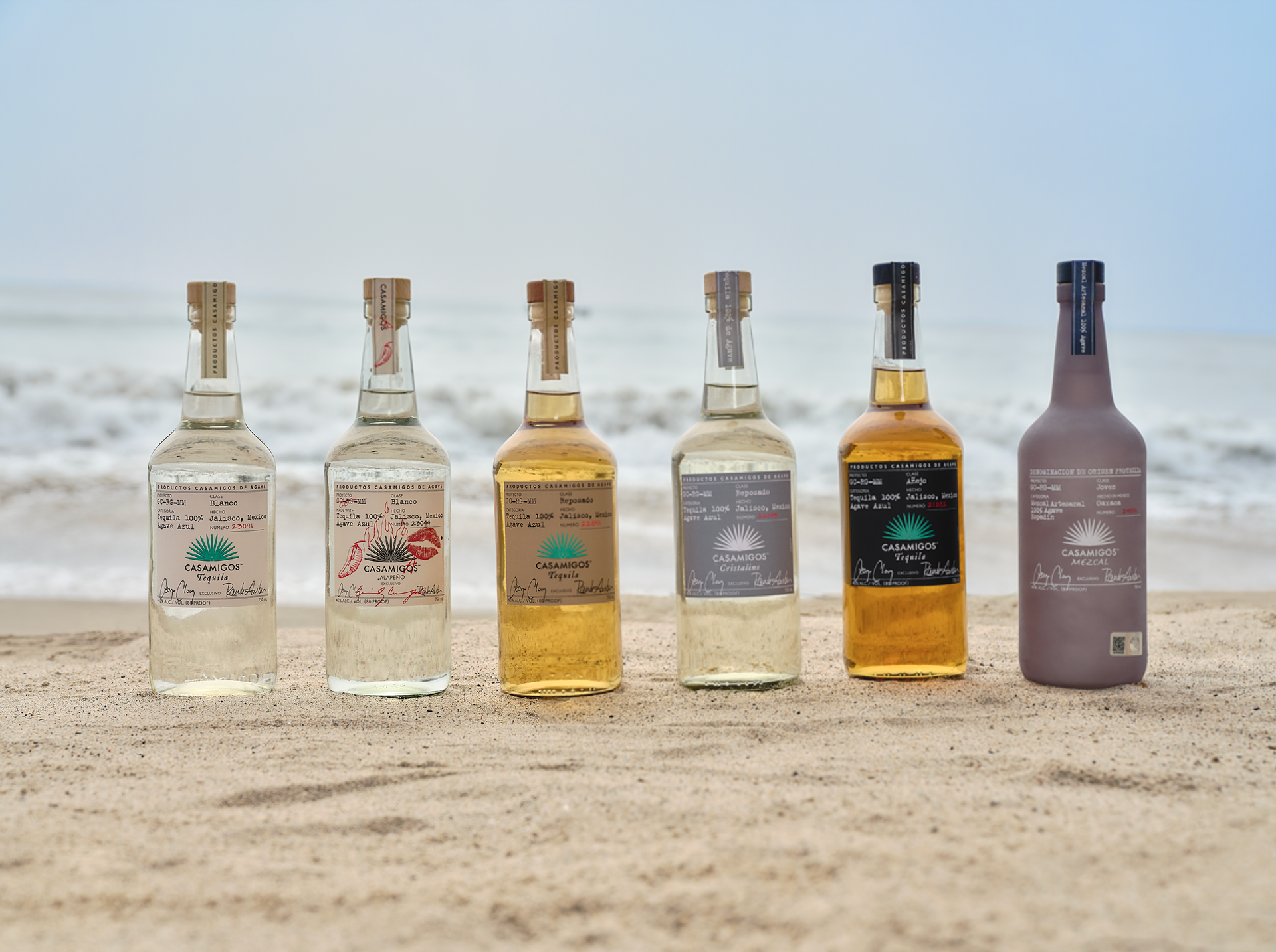 Casamigos - line up bottles, clean up bottles, add clouds and saturate blues in sky