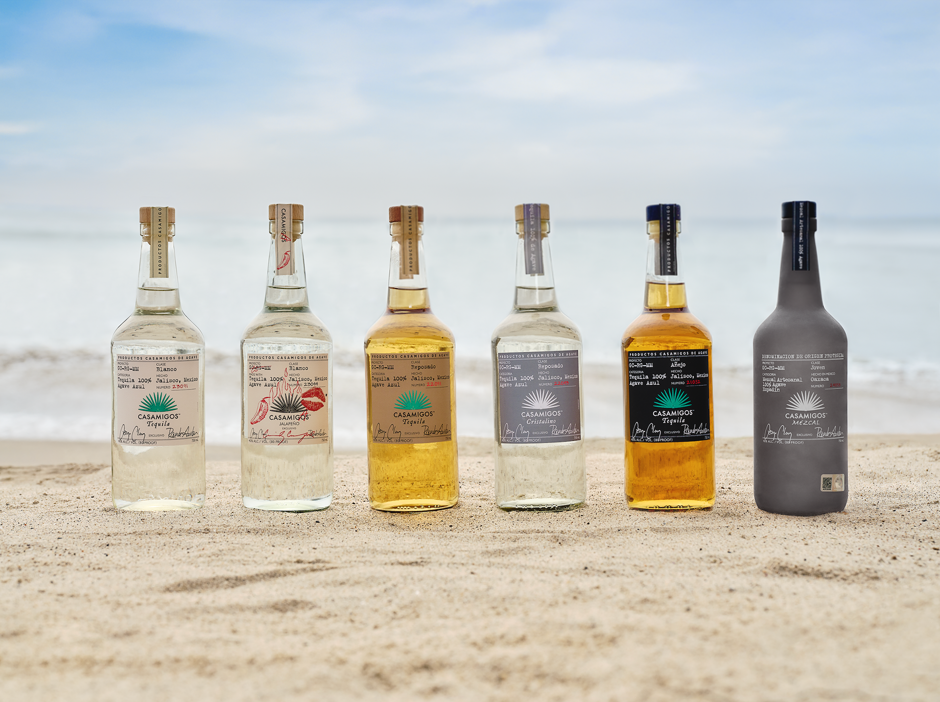 Casamigos - line up bottles, clean up bottles, add clouds and saturate blues in sky