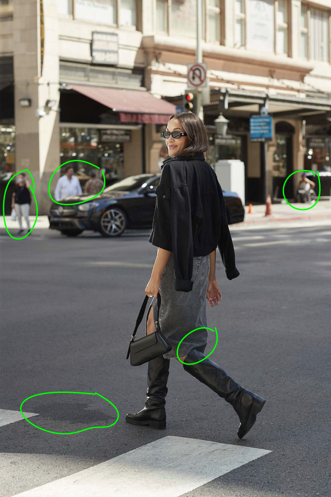 Who What Wear - remove wrinkles, remove people in background, ground clean up