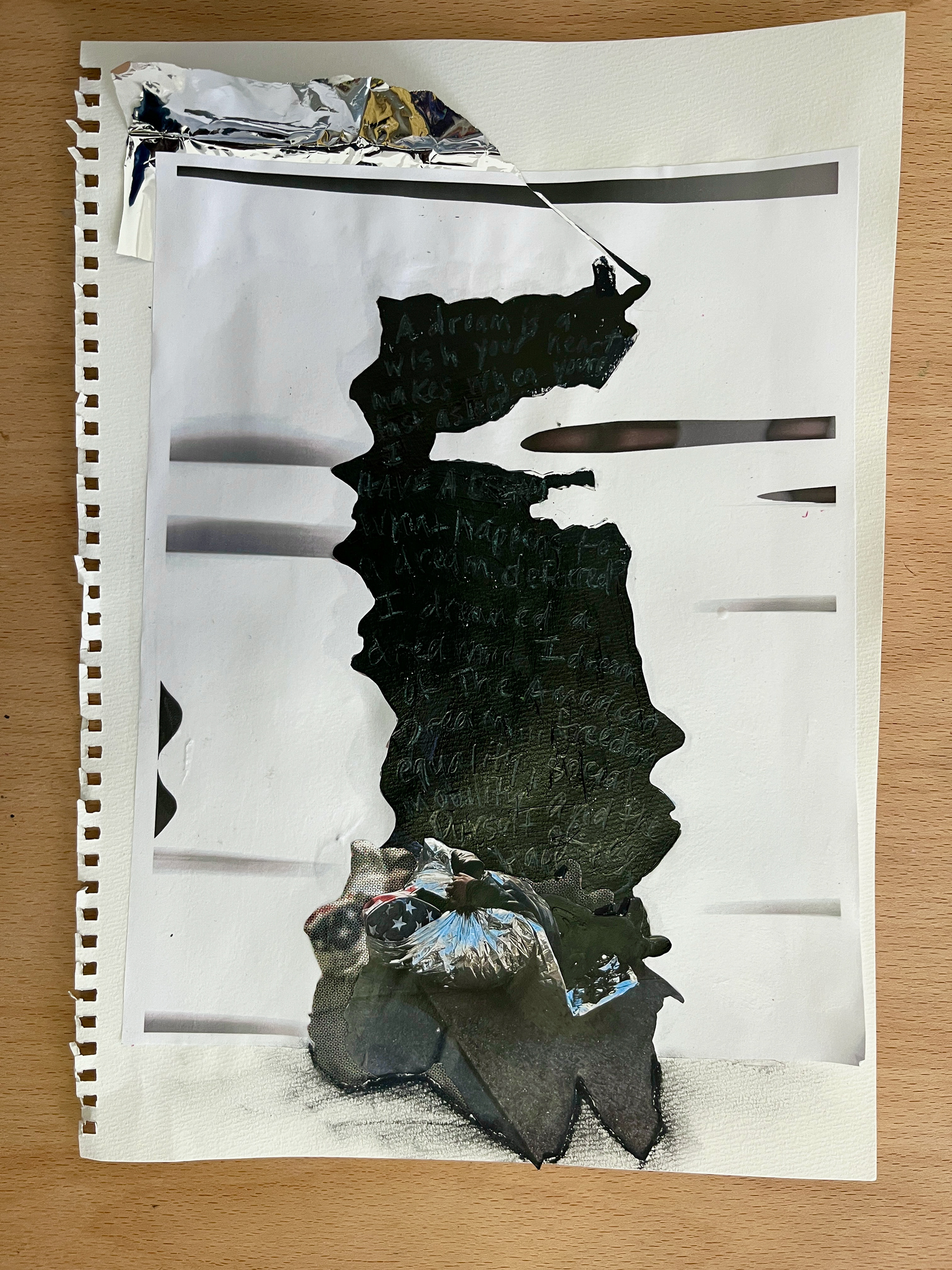 "All These Dreams- Why I'm Still Weighed Down?" "Shattered Dreams," Mixed Media 14x10", latex paint, acrylic, ink jet print, thermal blanket, color pencil, 2025