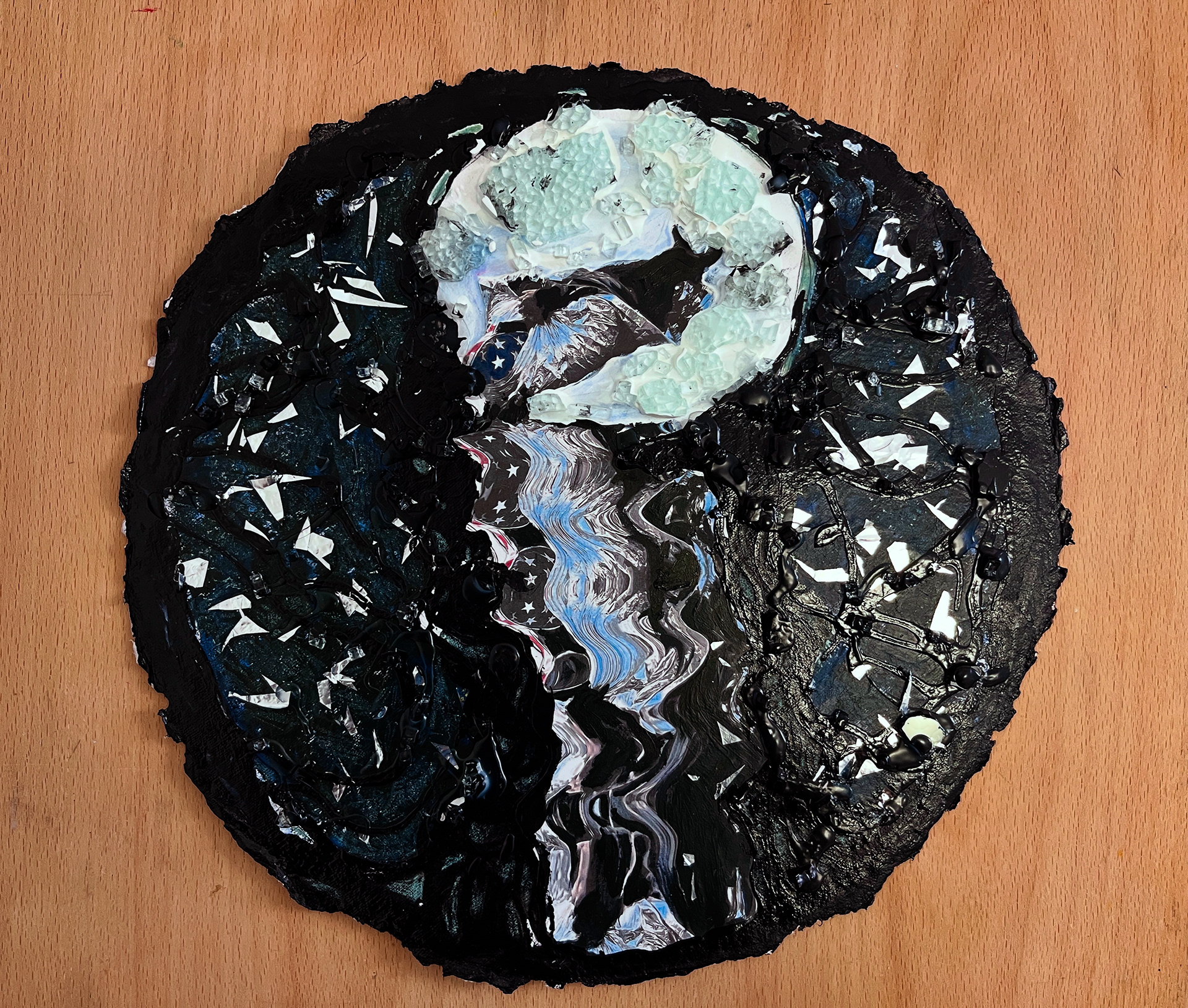 "Shattered Dreams," Mixed Media 12x12", thermal blanket, safety glass, wax pastel, acrylic, latex paint, ink jet print, color pencil, 2025