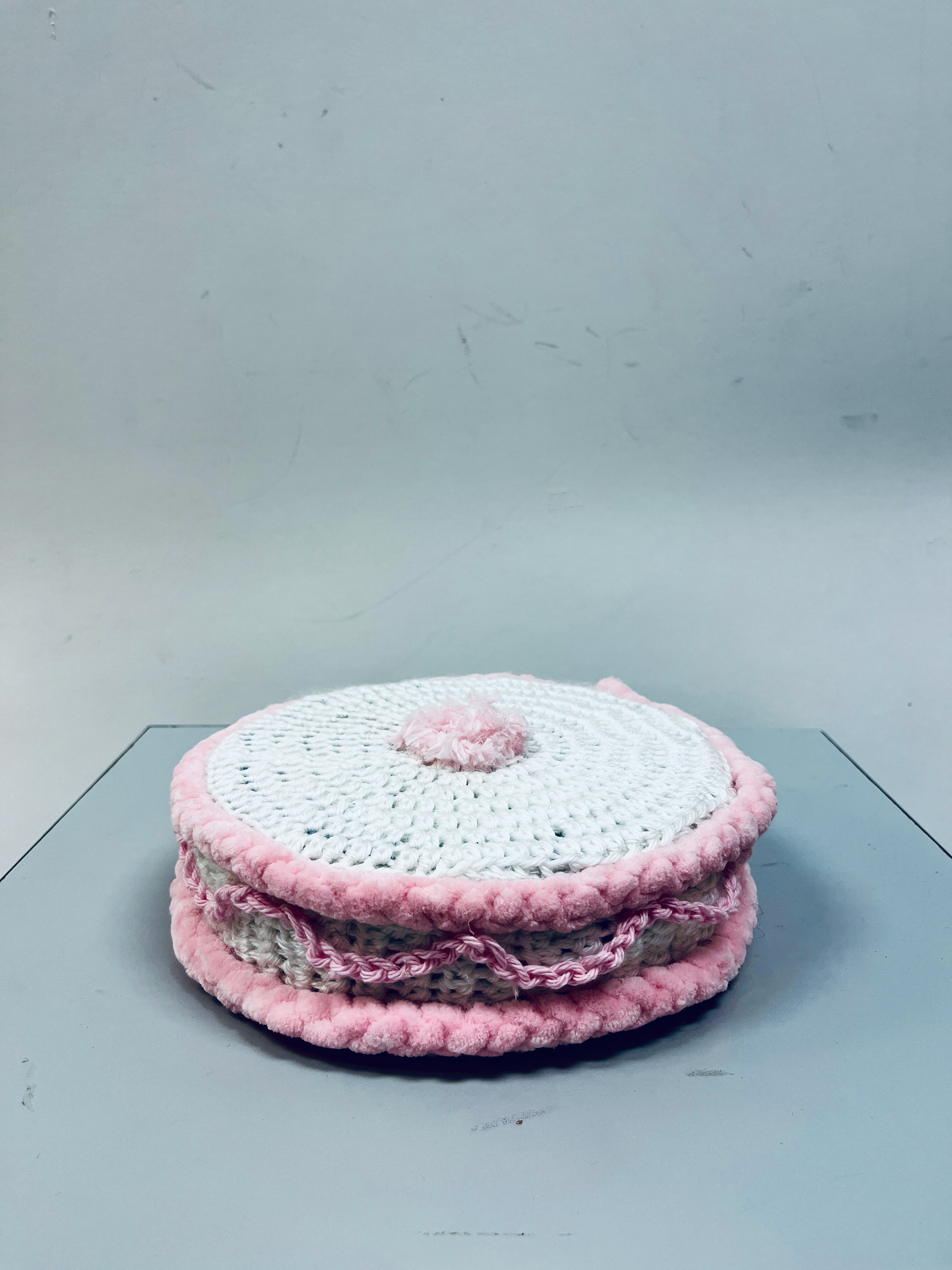 Hard/ Soft Assignment, Materials: Crochet and Metal Tin, Artist: Imani D, Art 210: 3D Design, Spring 2025