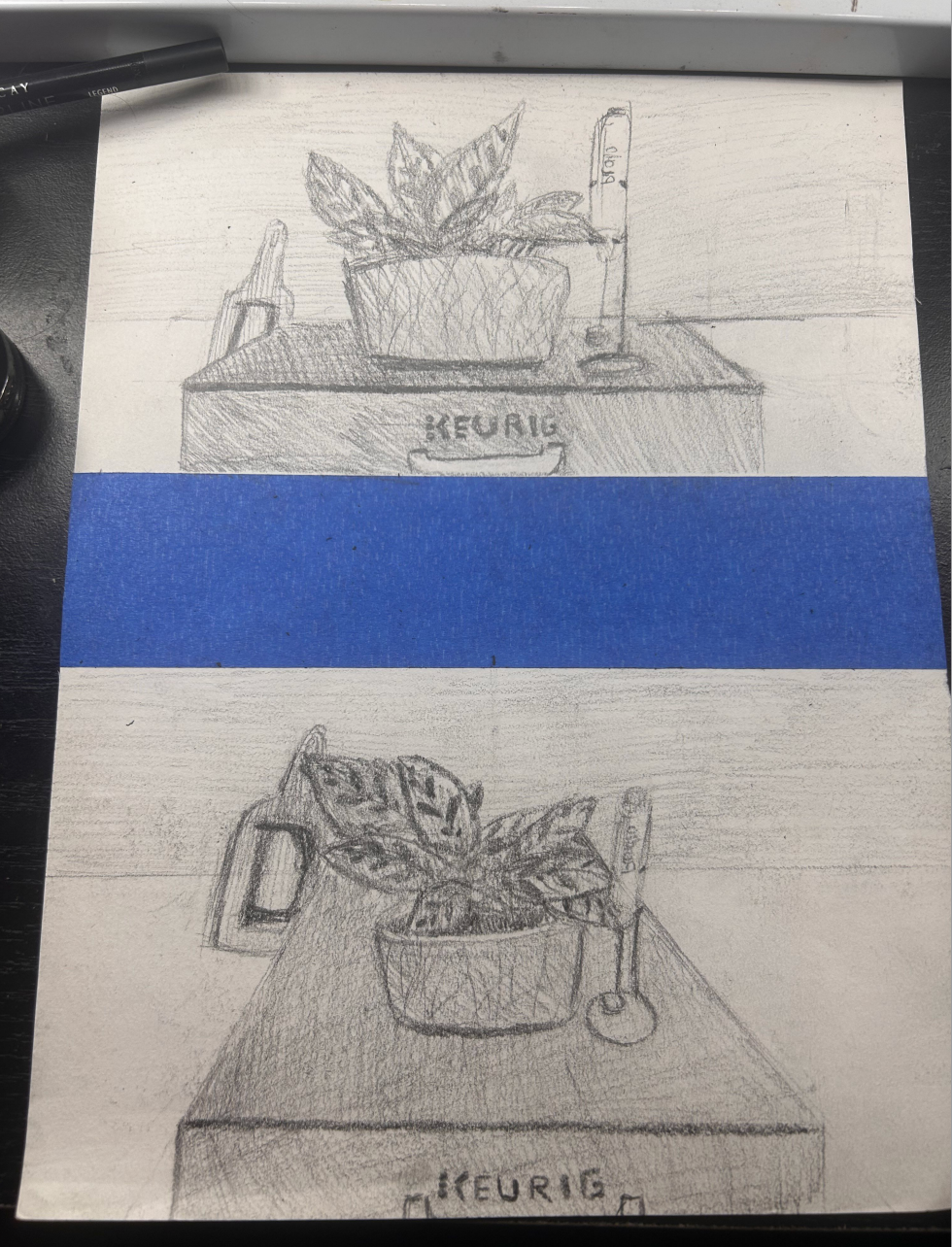 Split Perspective, Graphite,Samantha G., Art 133: Drawing 1, Spring 2024