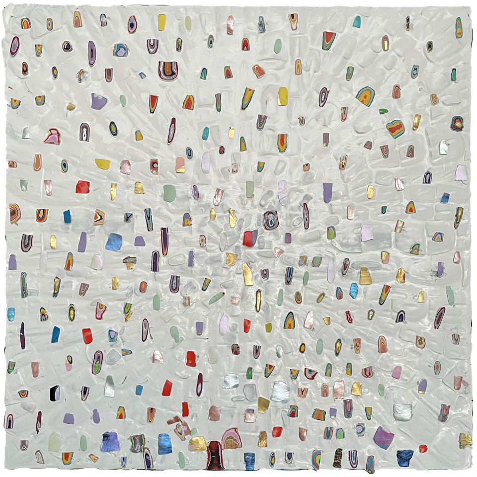 Lemons into Lemonade, 2022, 12.75in x 12.75in x 2in, Enamel Chips on Wood