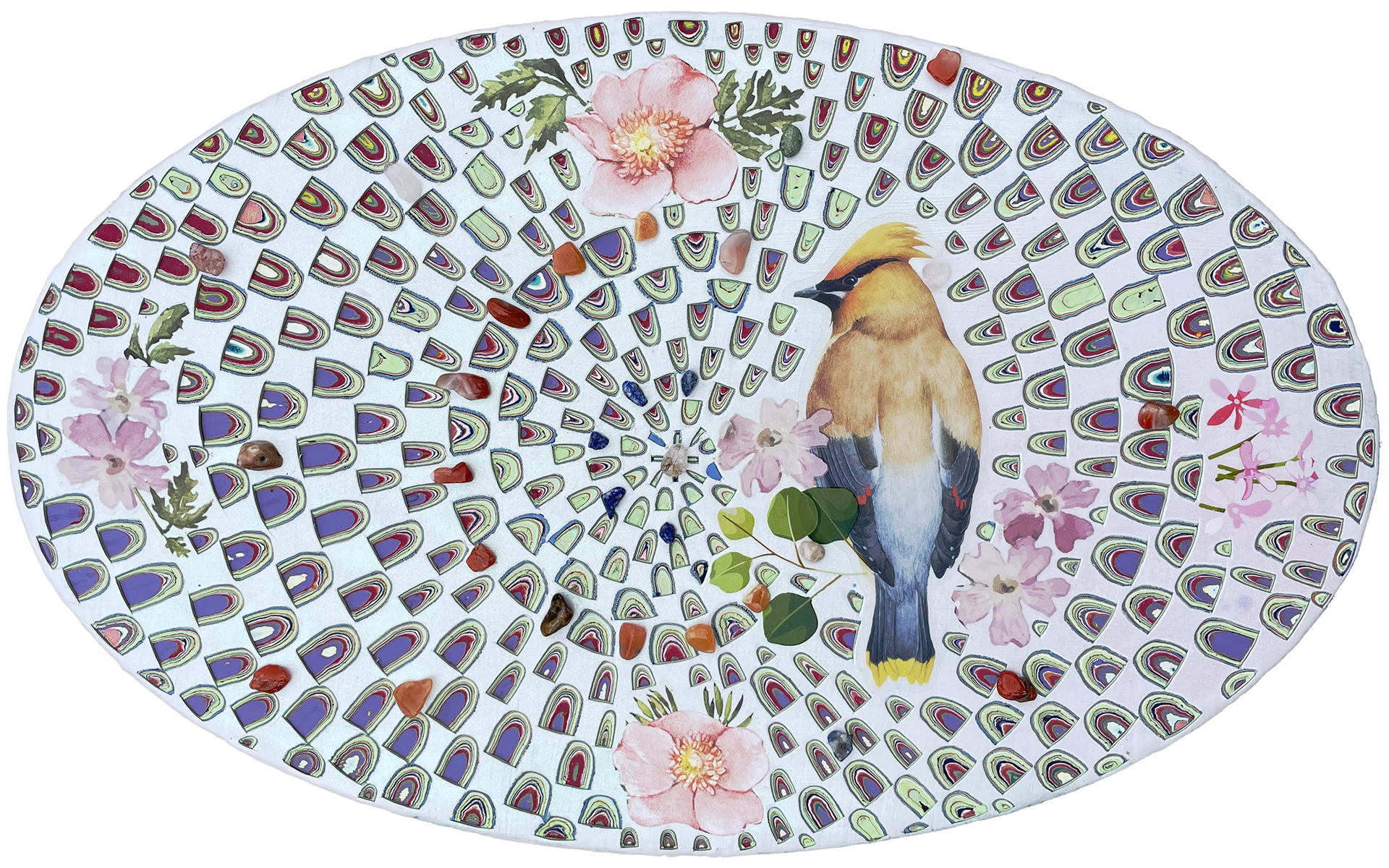 SOLD Cedar Waxwing, 2023, Enamel, Collaged images & Crystals on Wood, 14in x 8in