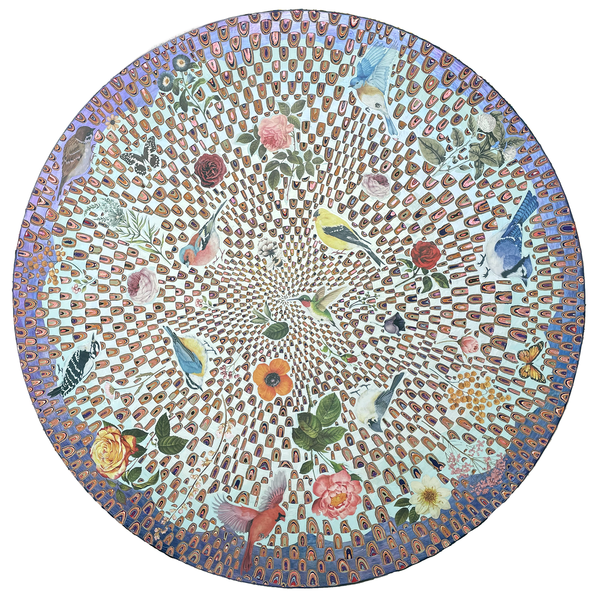 SOLD Let's Talk about the Birds & Bees, 2022, Enamel & Collaged images on Wood, 36in diameter