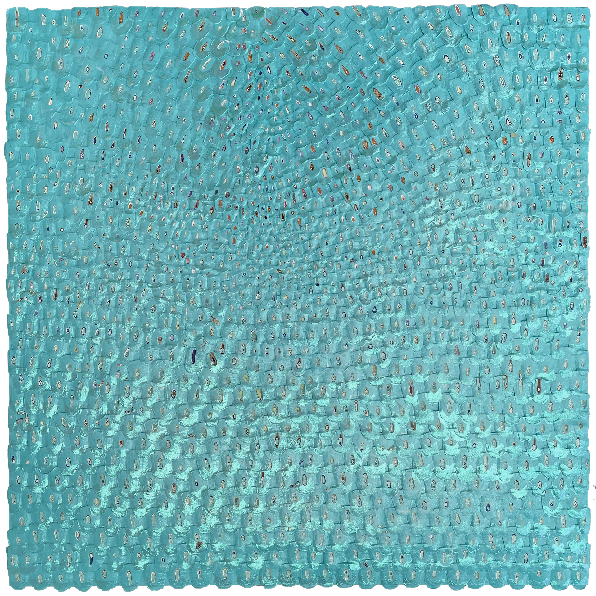 After the Storm, 2024, Collaged enamel bits on Wood, 24in x 24in