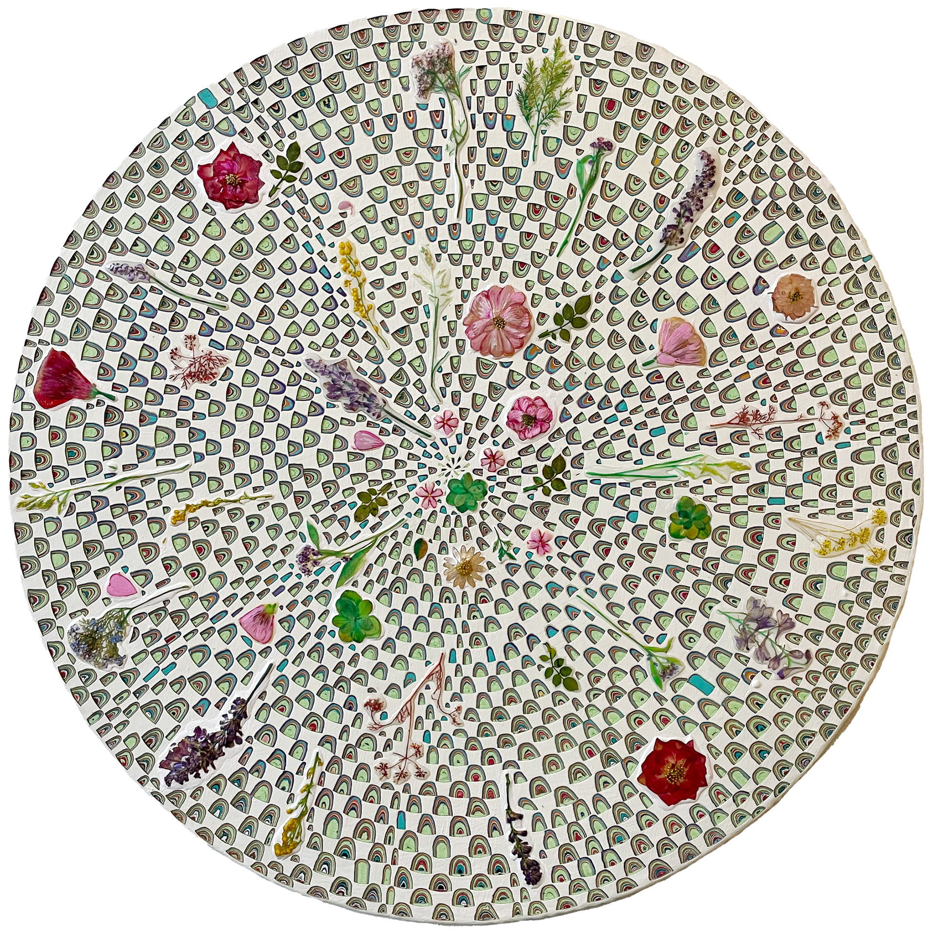Serenity Soother, 2023, 24in x 24in, Dried flowers and Mixed Medium on Wood
