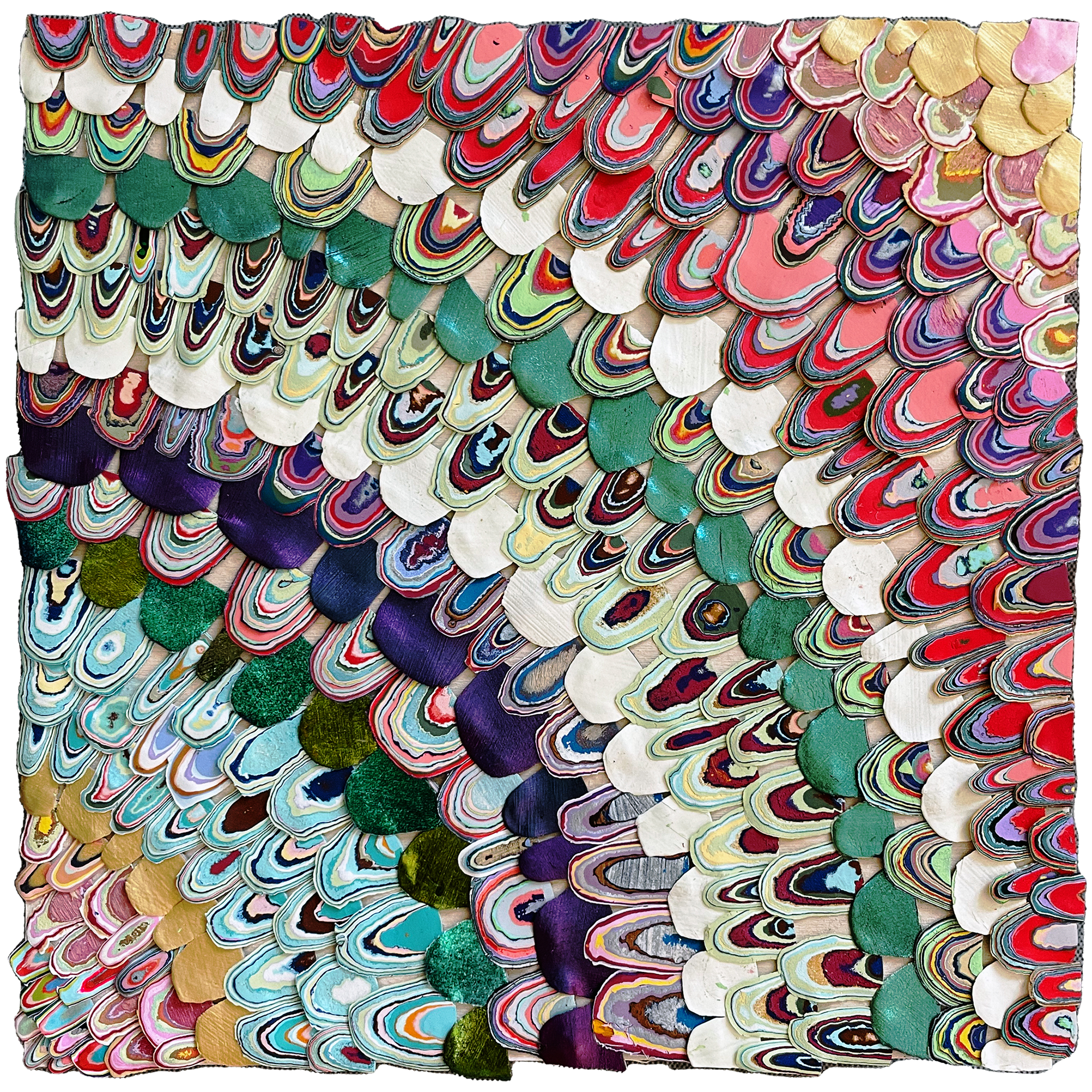 Slice of Pie, 2023, Enamel Chips on Wood, 7in x 7in x 2in