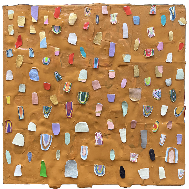Ochre, 2022, Enamel Chips on Wood, 7in x 7in x 2in