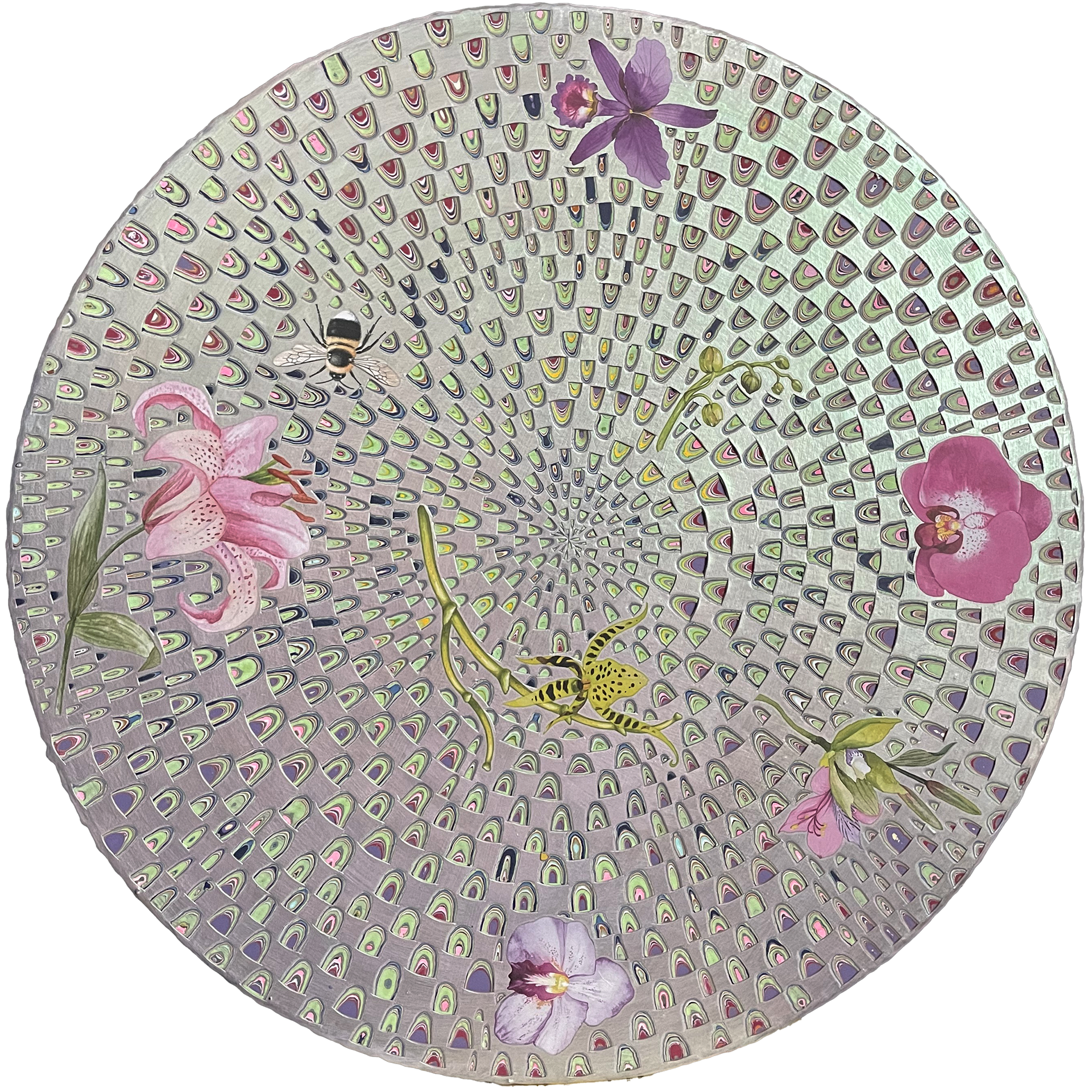 Patient Orchid & Laying Lily, 2024, Enamel & Collaged images on Wood, 18in x 18in