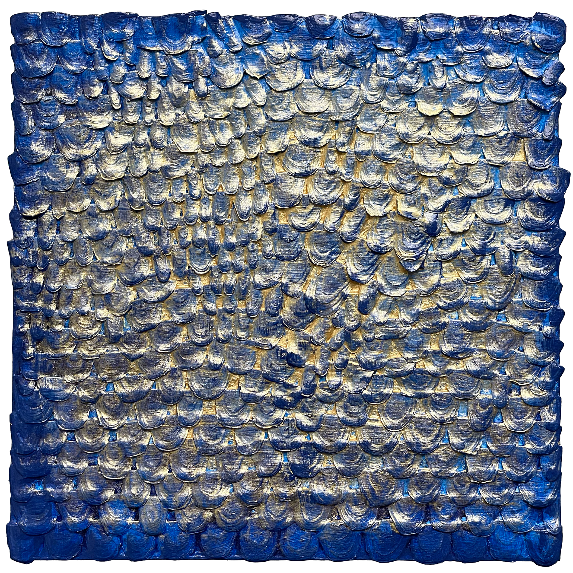 Azur Oro, 2024, 7in x 7in, Collaged Bits on Wood
