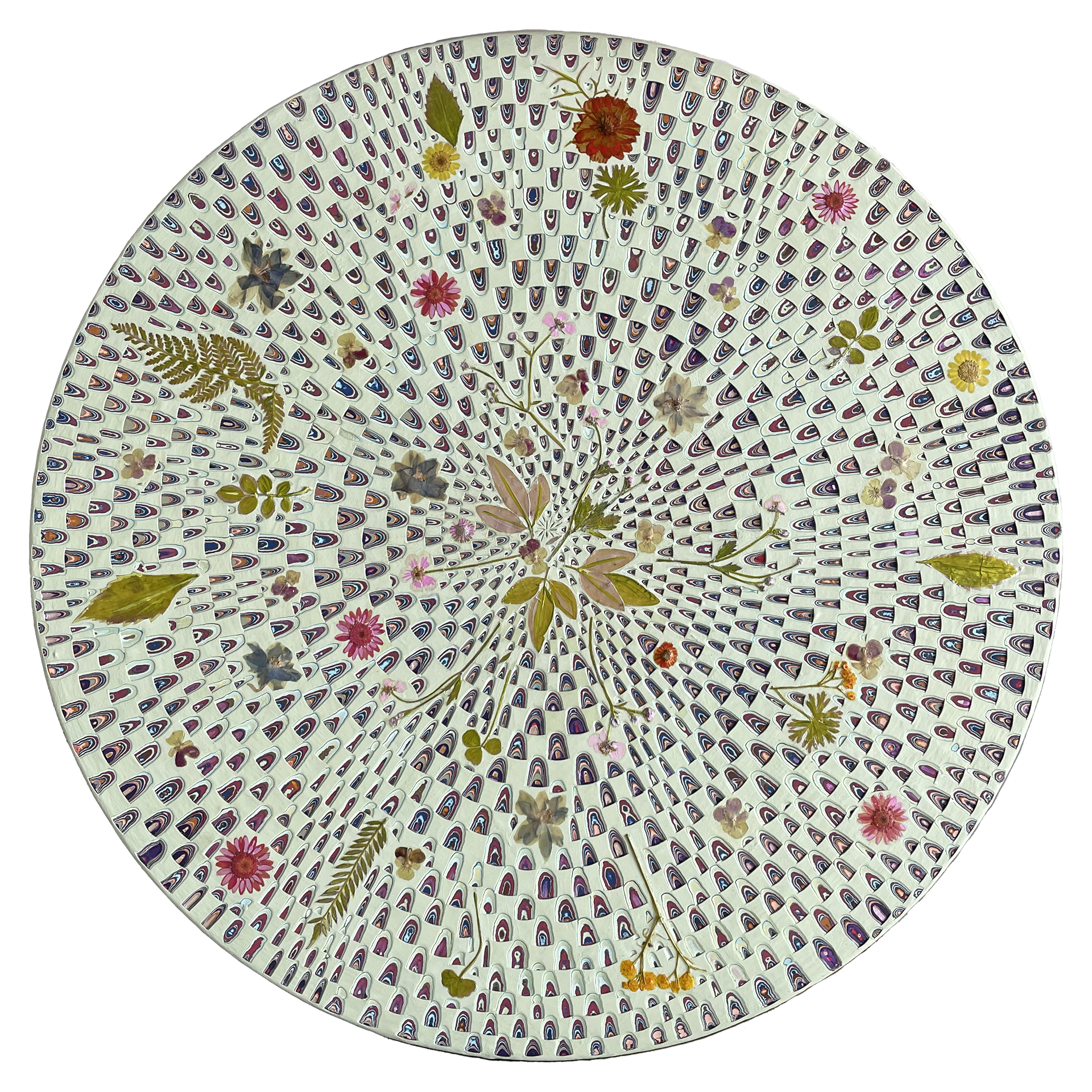 SOLD Wild + Free, 2022, 24in diameter, Dried flowers and Mixed Medium on Wood