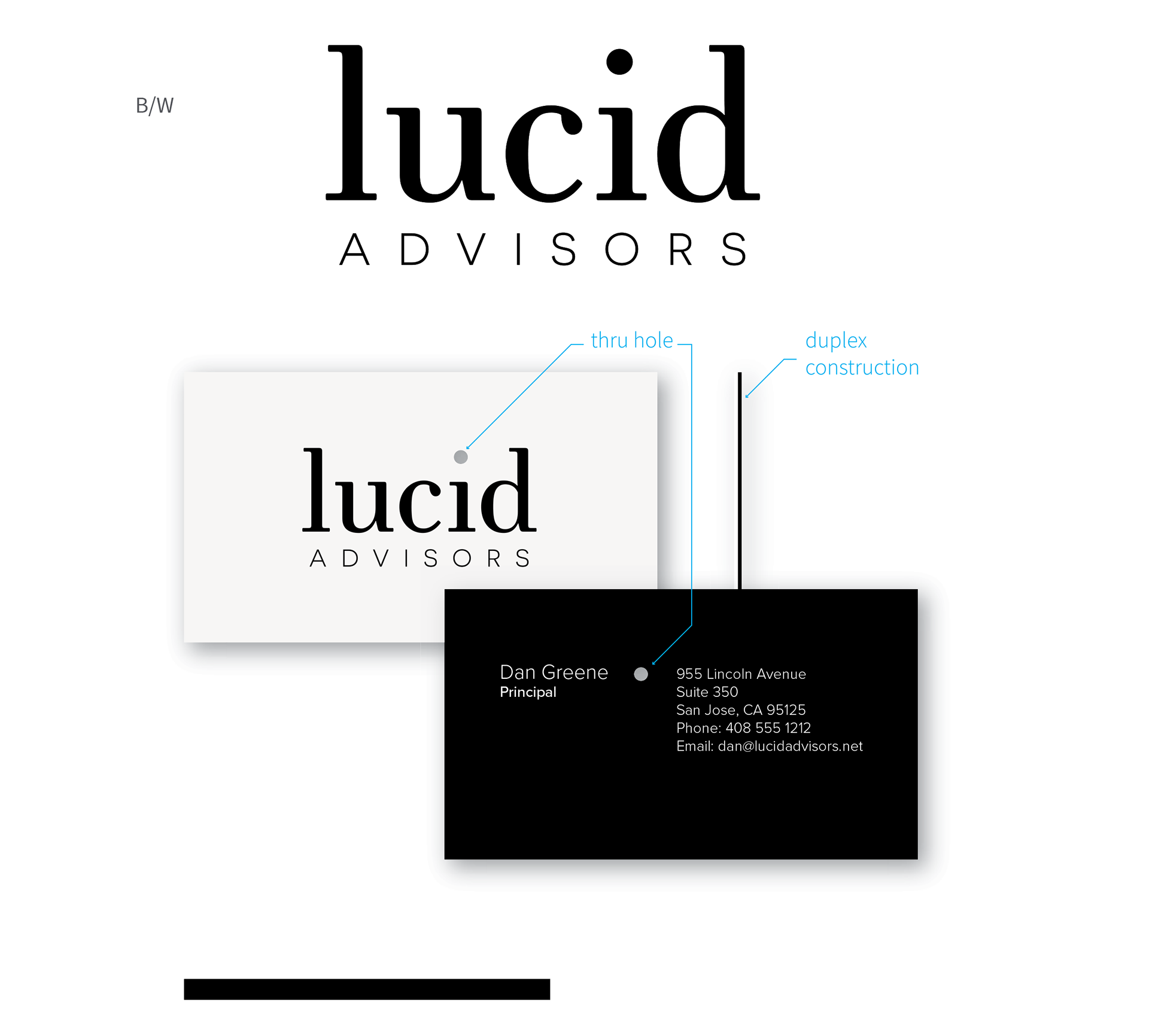Maximum contrast, with rich materials and novel detail. This card uses two sheets of colored paper bonded together with the dot of the “i” drilled out, allowing light to shine through. Alternately, the dot could be printed in spot gloss on one or both sides. F ont: Proxima Nova