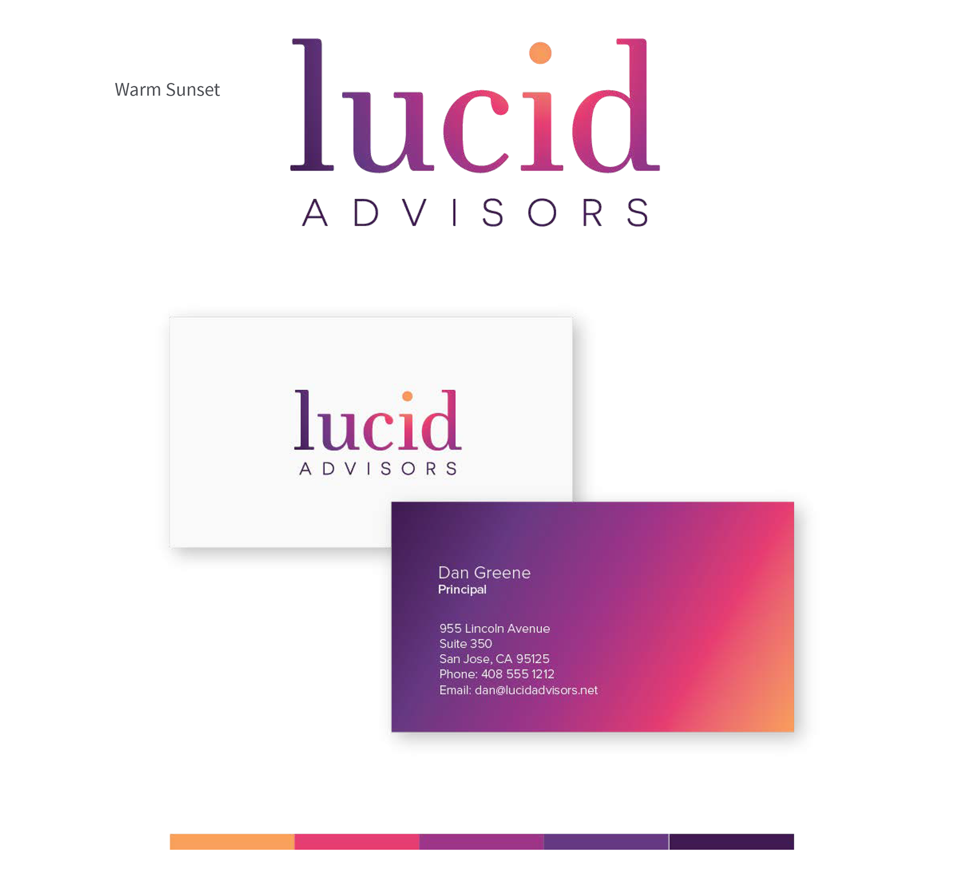 Applying the colors found in a sunset to a gradient to both the logotype and the background of the card. Centering the light around the dot creates a sun-like element. Clear varnish applied to back of card to protect color from wearing off when handled, otherwise conventional techniques. Font: Proxima Nova