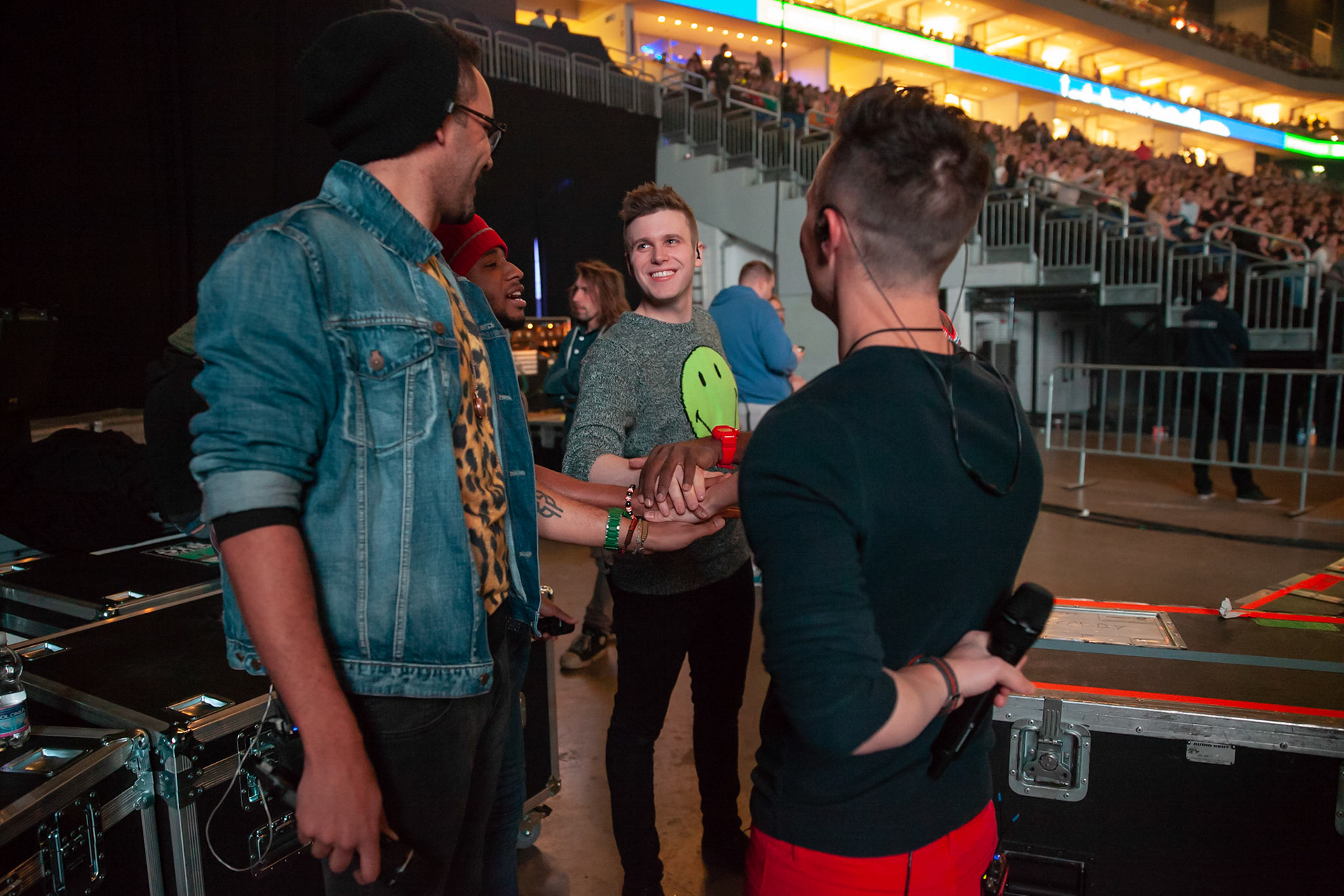 Berlin, Germany, 04.03.2014: Chris, Jamal, Aaron, Alfredo and Richard wishing themselfs good Luck before entering the Stage in Berlin
