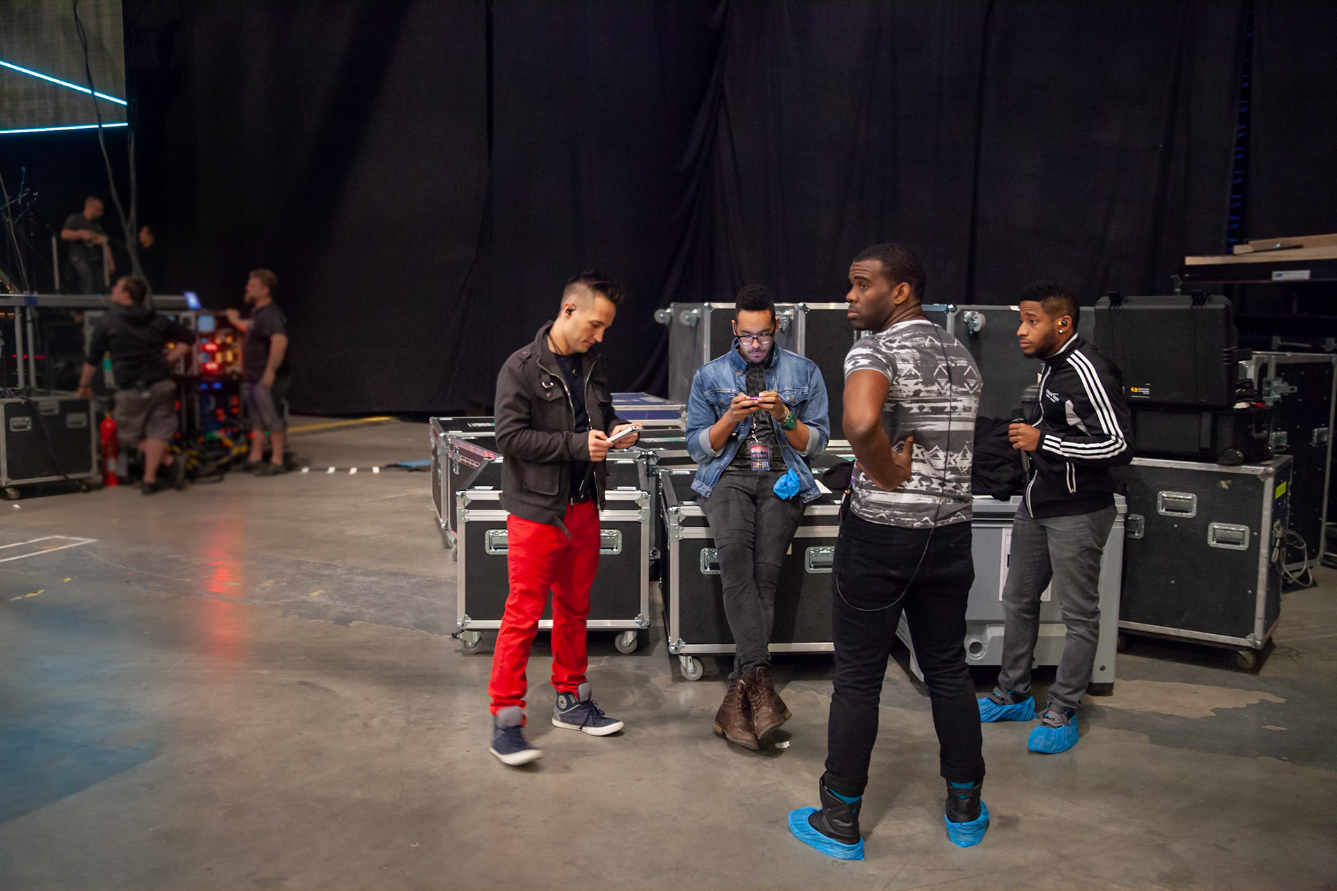 Berlin, Germany, 04.03.2014: Richard, Chris, Alfredo and Jamal waiting for their Soundchecktime