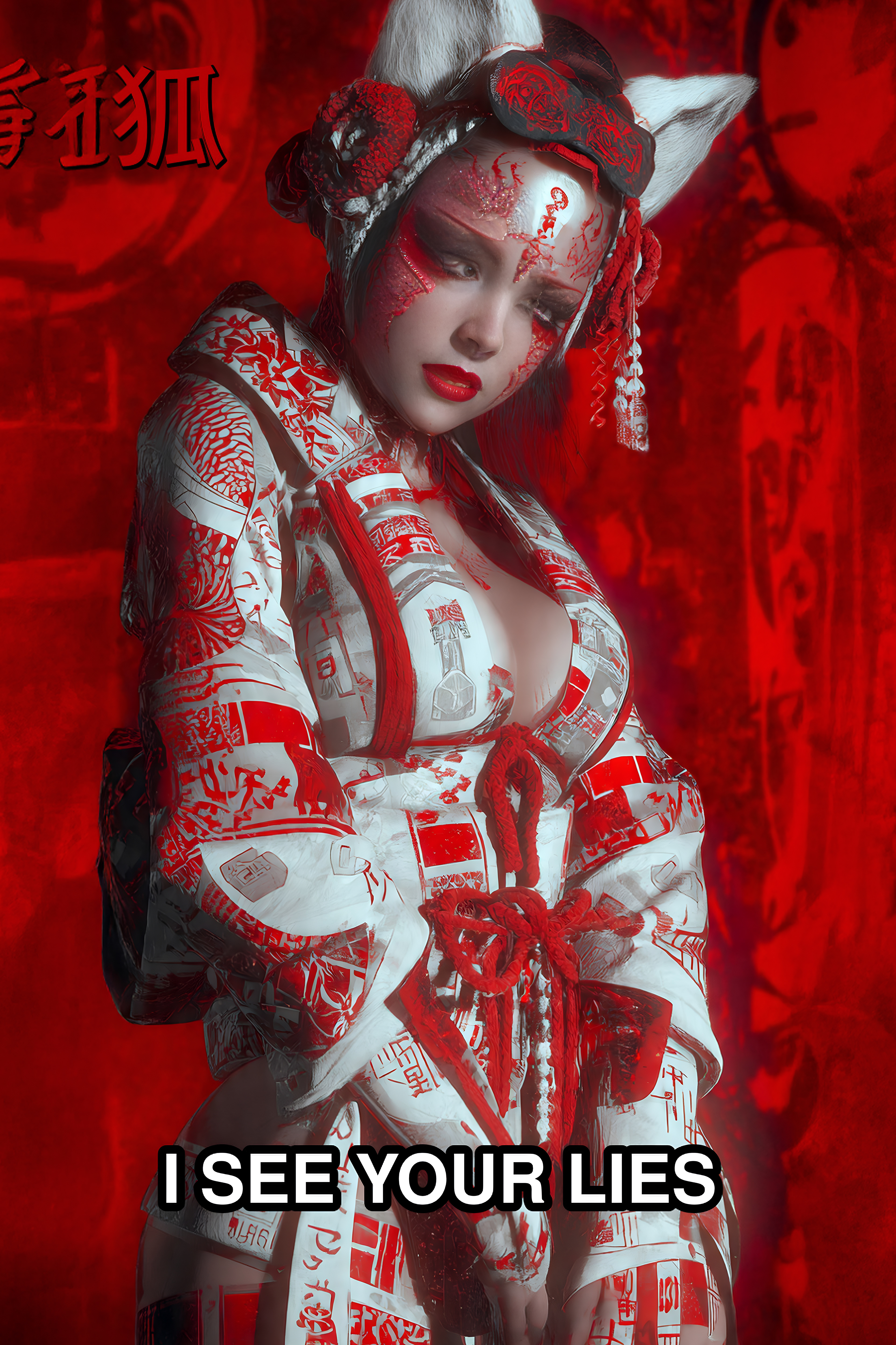 Masque kitsune blanc. Elle lit tes intentions avant tes mots.