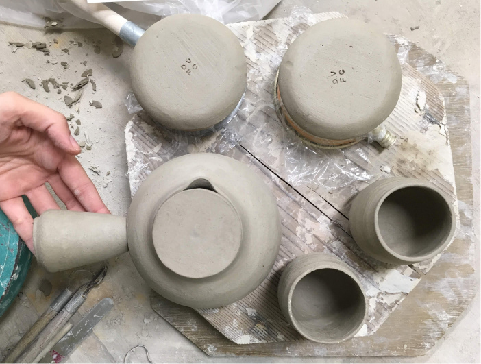 Tea set before bisque firing