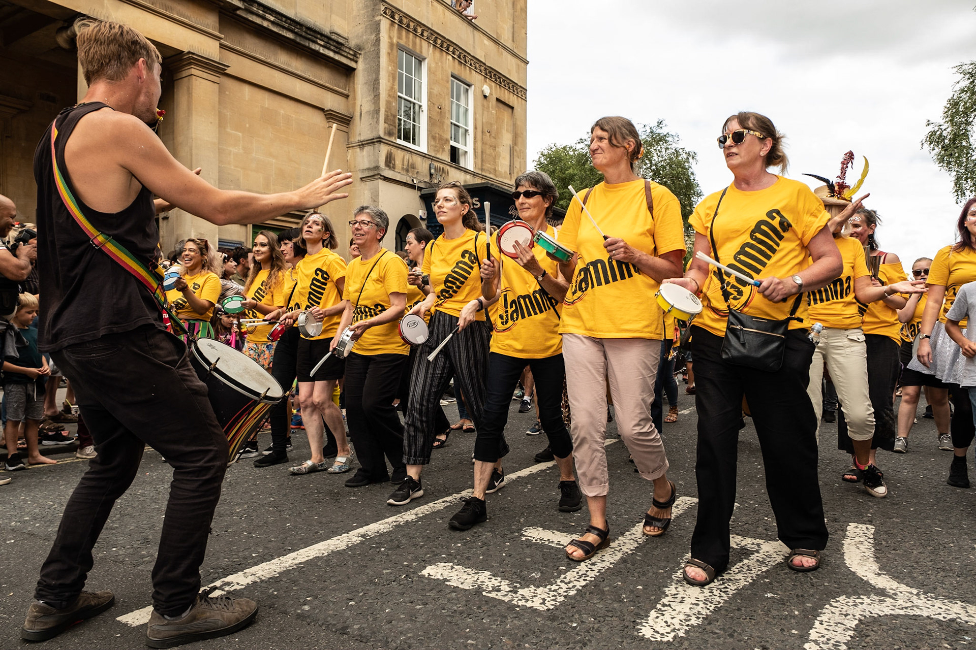 Pictured: Jamma de Samba Band taking a key role in the 2019 Bath Carnival Parade and celebration, Band founder Robbie Verrecchia re-established the Bath Carnival in 2014. Laura Place, Bath, UK Saturday 13th of July.