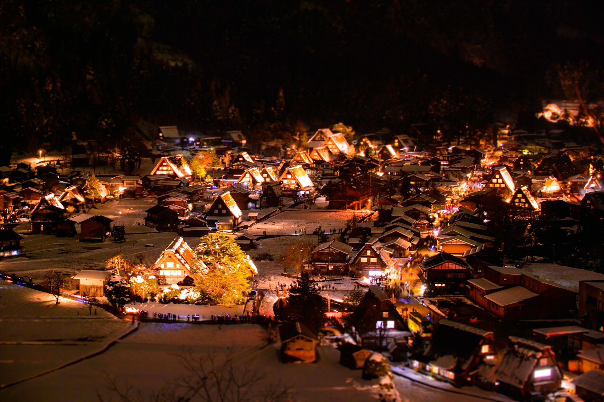 The winter in 2015-2016 was a warm winter which has little snow falls in Shiragawa-go, but the light-up event still made the small vallege very beautiful. 白川郷ライトアップ。白川乡点灯。