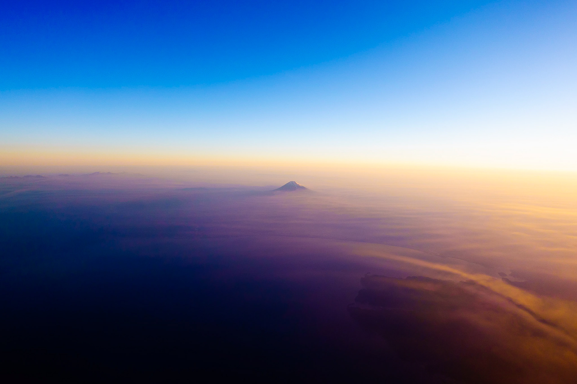 The Mt. Fuji, Pacific Ocean, Coastline of East Japan in the rising sun light.