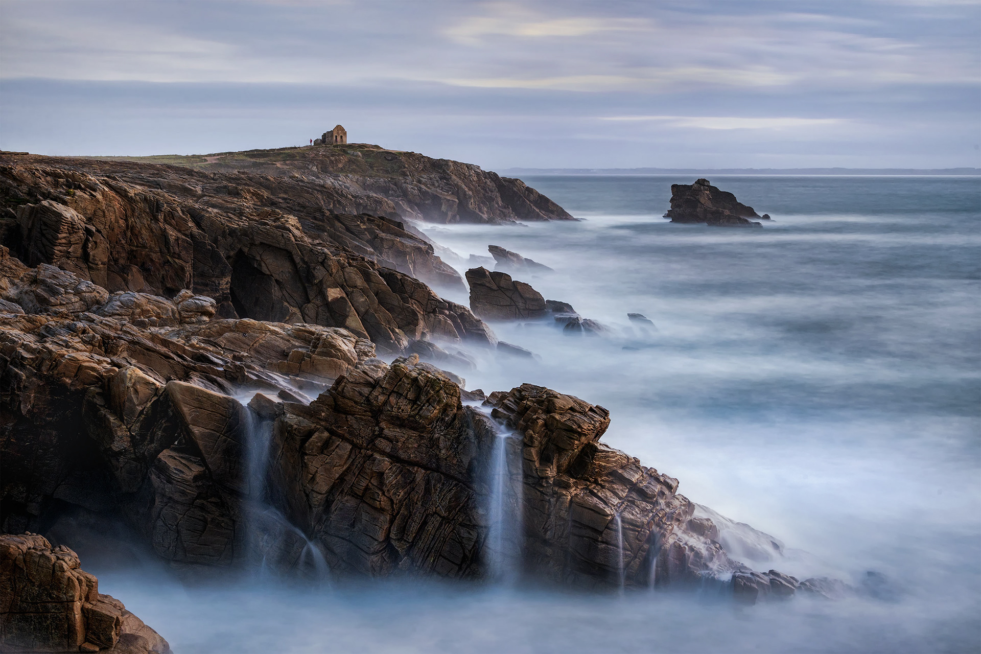 One Person, One House, One Ocean - Lone Figure on the Wild Coast of Brittany, Long Exposure