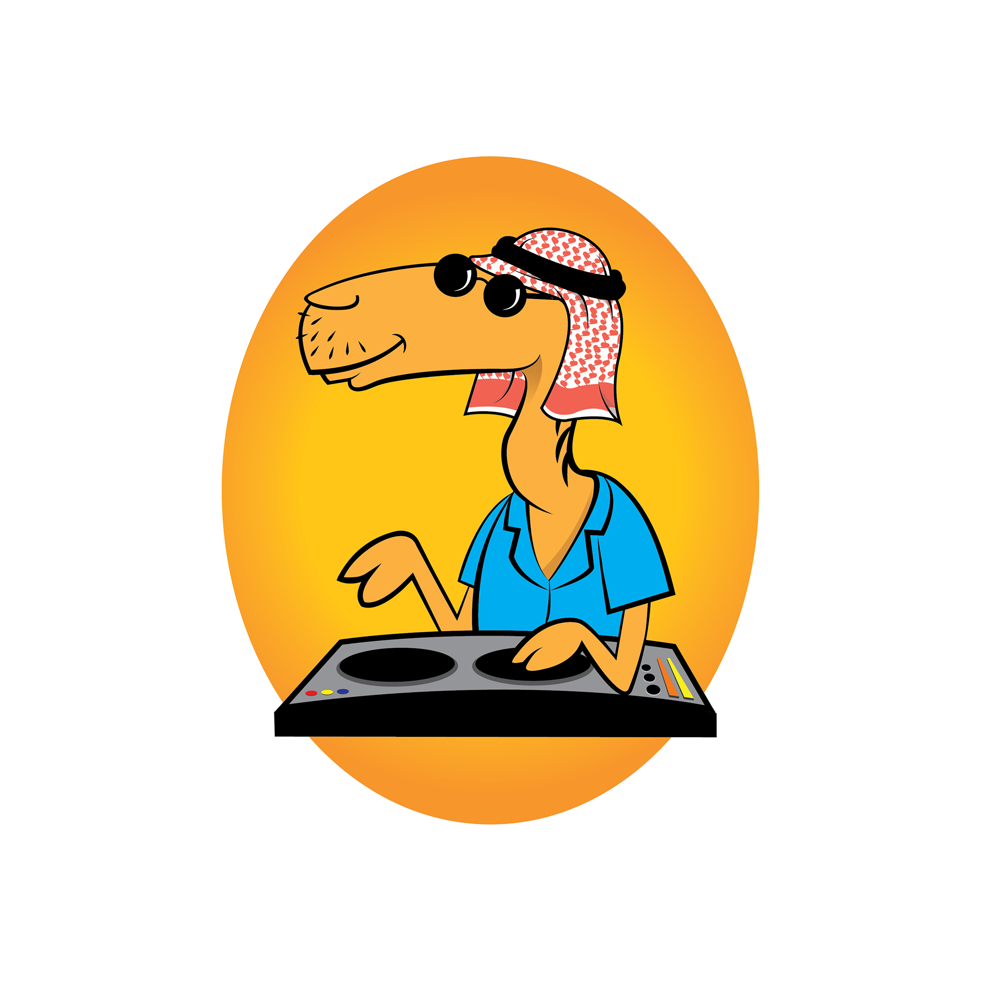 Digital illustration of a camel DJ mascot with sunglasses and headphones, created for a Turkish café.