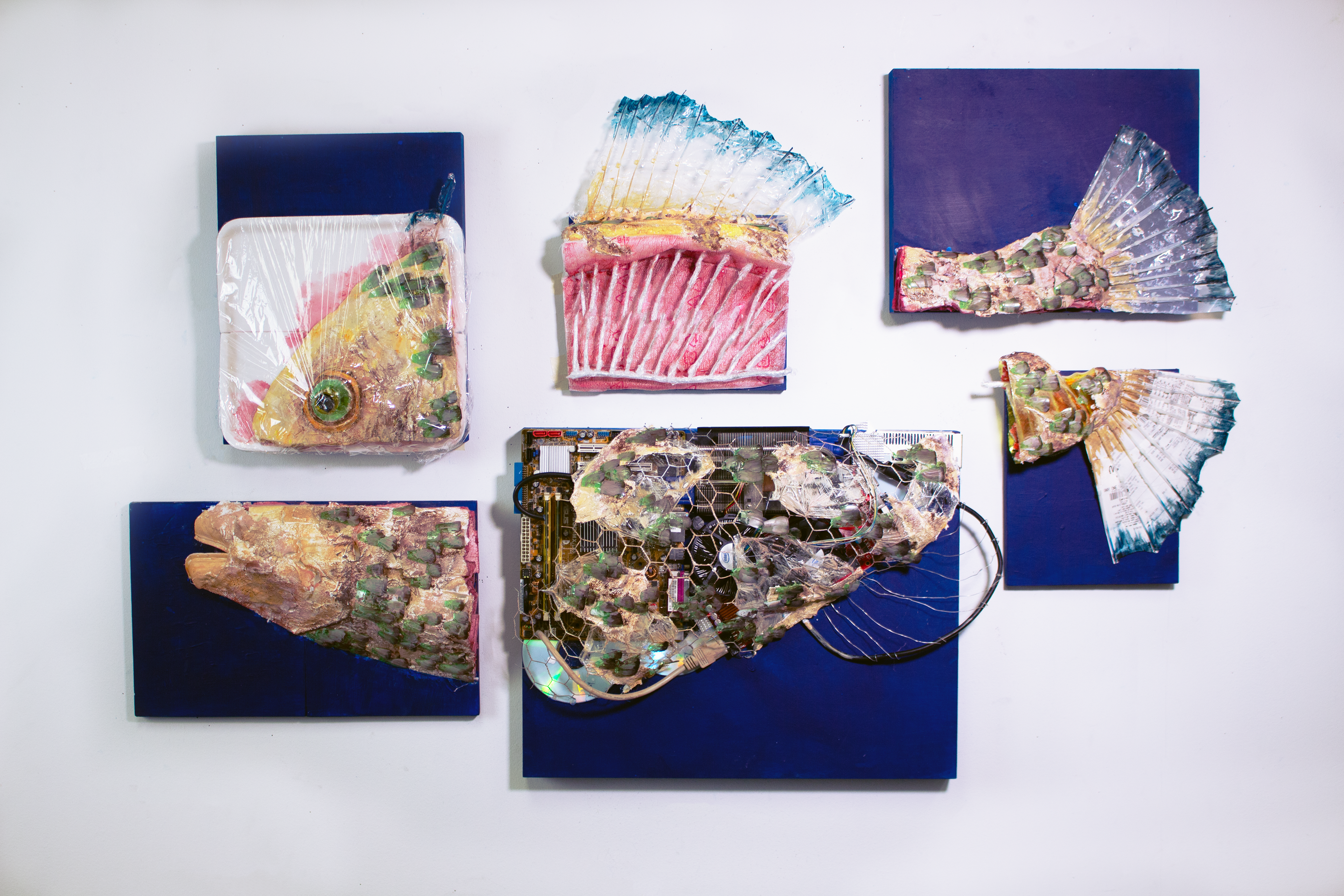 A deconstructed fish composed entirely of materials I collected around my home that would have ended up in the trash otherwise.  