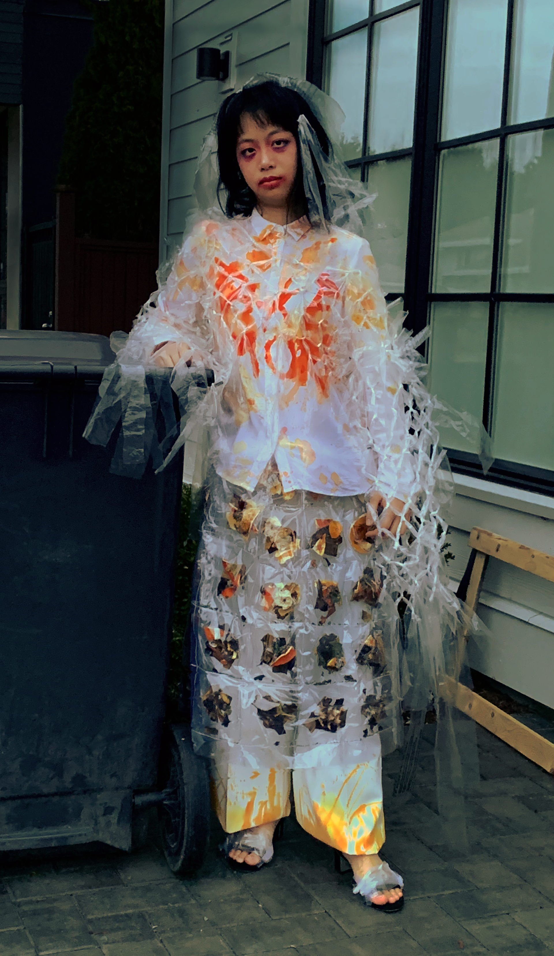 plastic, clear vinyl, dehydrated vegetables/fruits, acrylic paint, machine sewn and hand woven