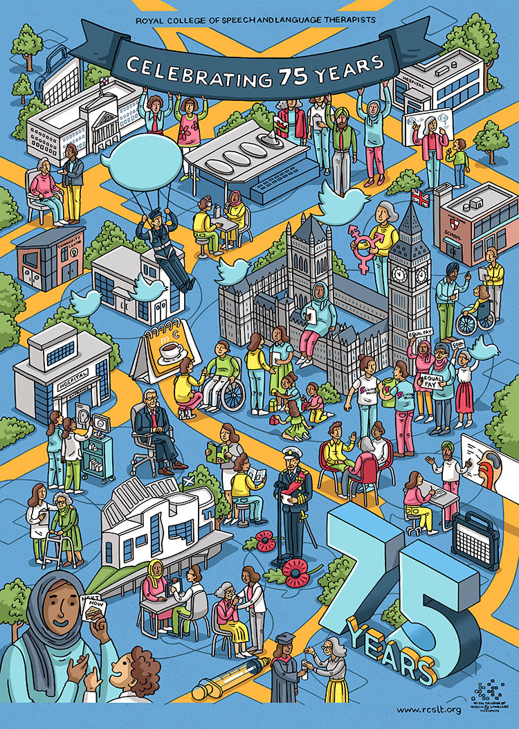 poster illustration of a busy scene showing lots of buildings and people like wheres wally waldo