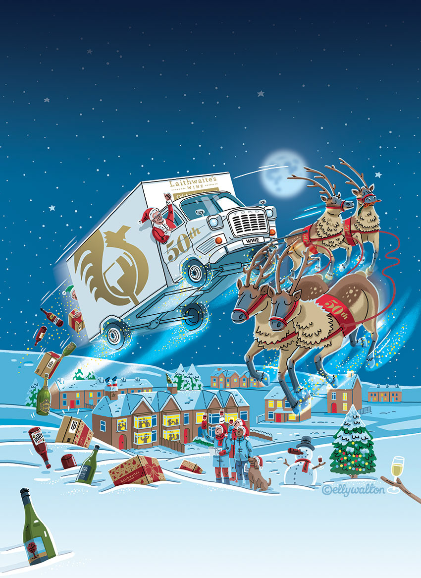 illustration of father christmas driving a laithwaite van pulled by reindeer in a snowy nighttime landscape